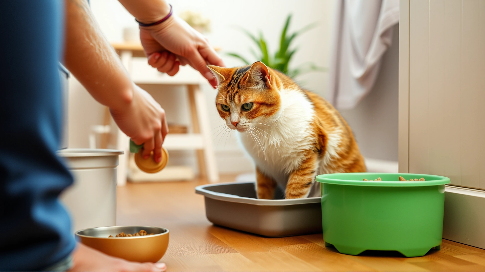 Cat owner cleaning a litter box and sanitizing food bowls in a tidy home environment, emphasizing good hygiene practices