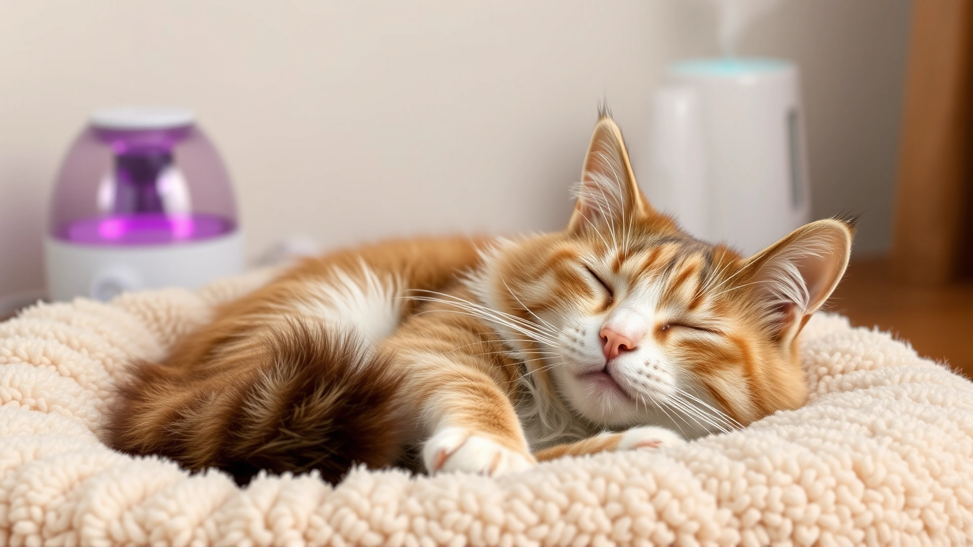 Cat resting on owner’s lap inside a steamy bathroom during steam therapy session, showing supportive home care.