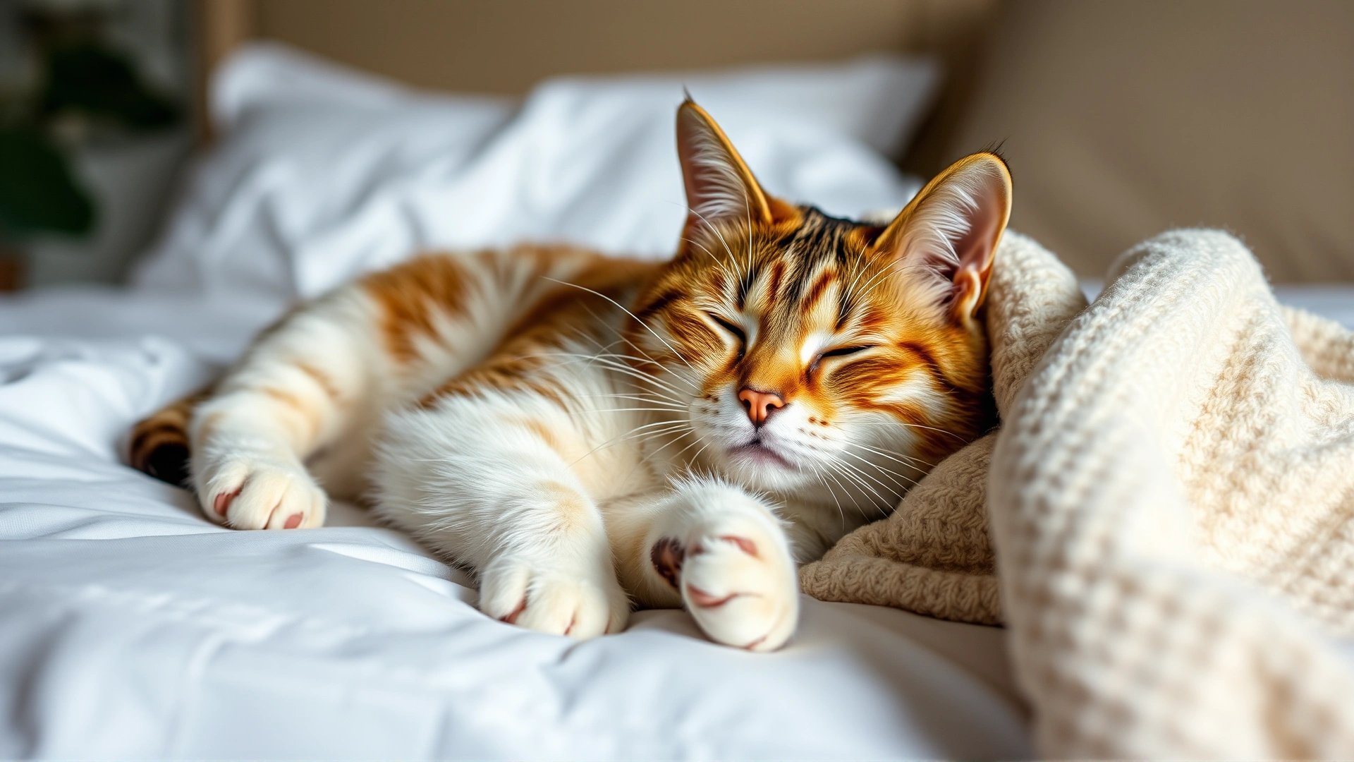 Recovered cat resting comfortably on clean white bedding with a soft blanket, cozy home setting, high resolution