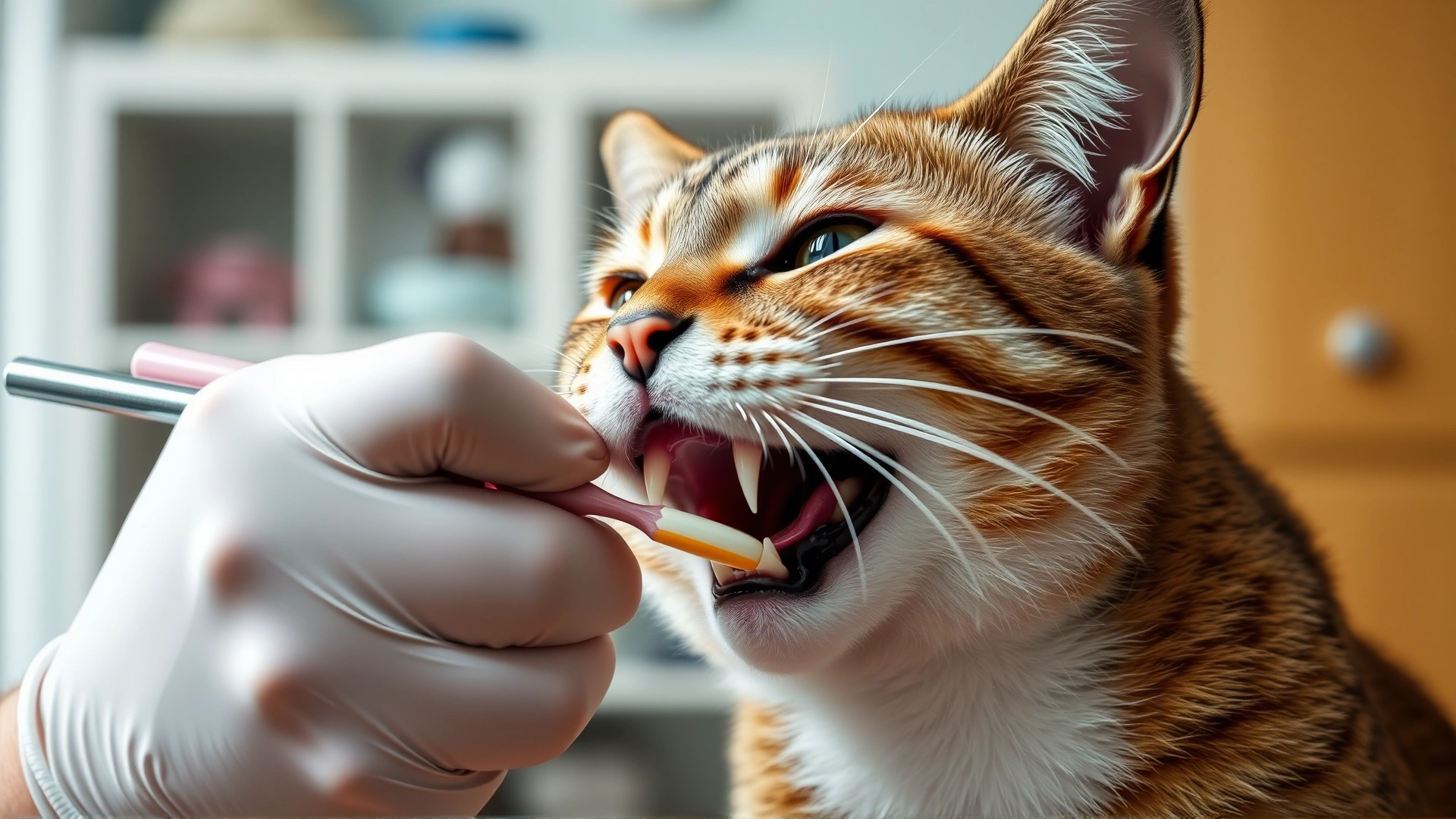 Cat owner wearing gloves carefully brushing their cat's teeth at home.