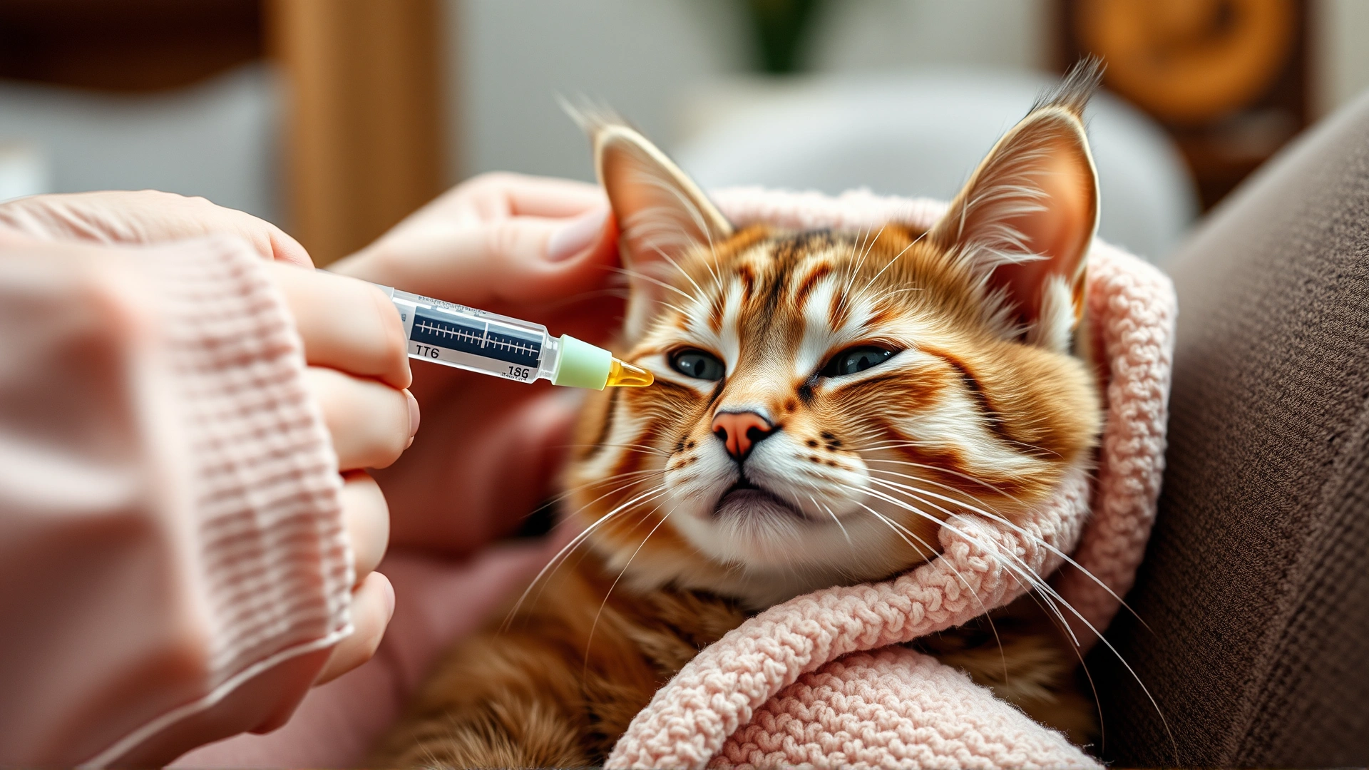 Close-up of a pet owner administering liquid medication with an oral syringe to a calm cat wrapped in a soft towel; cozy home environment, no text.