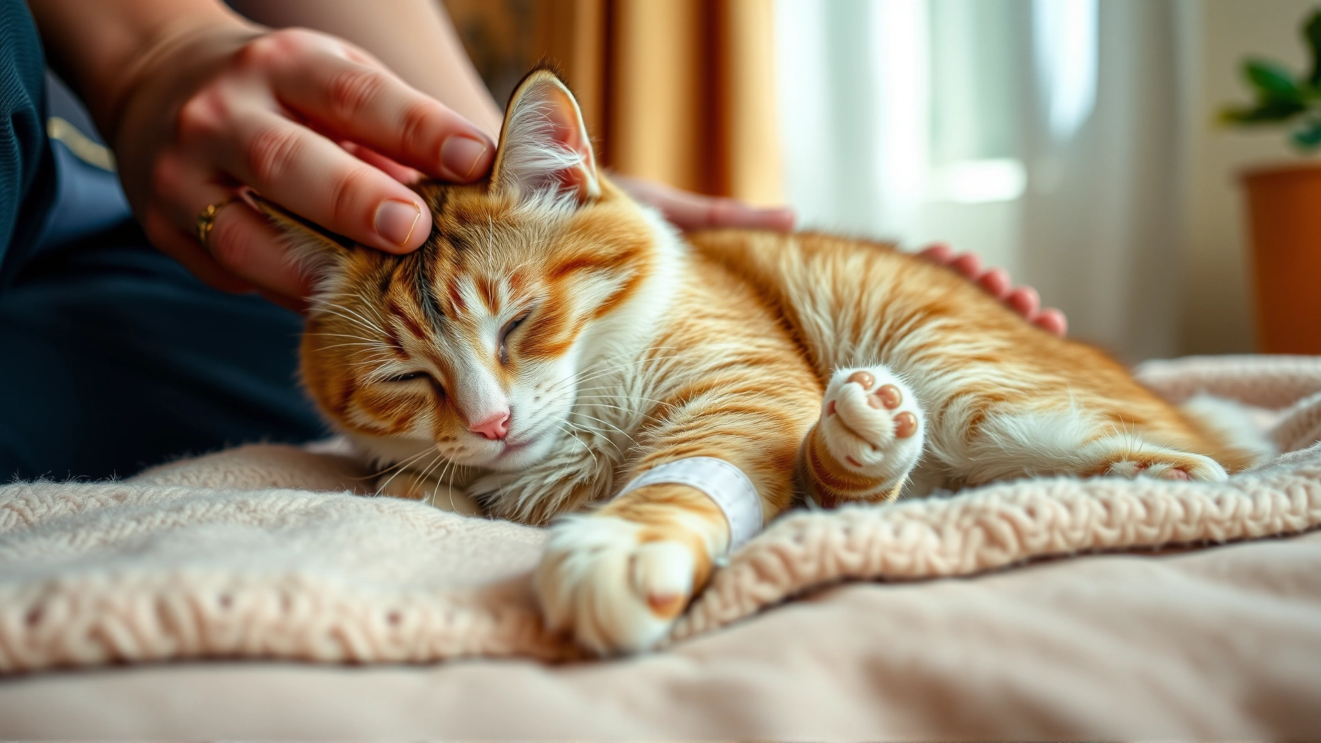 Cozy scene of a cat resting on a soft blanket at home with a small bandage on its paw while the owner gently pets it, warm lighting, no text.