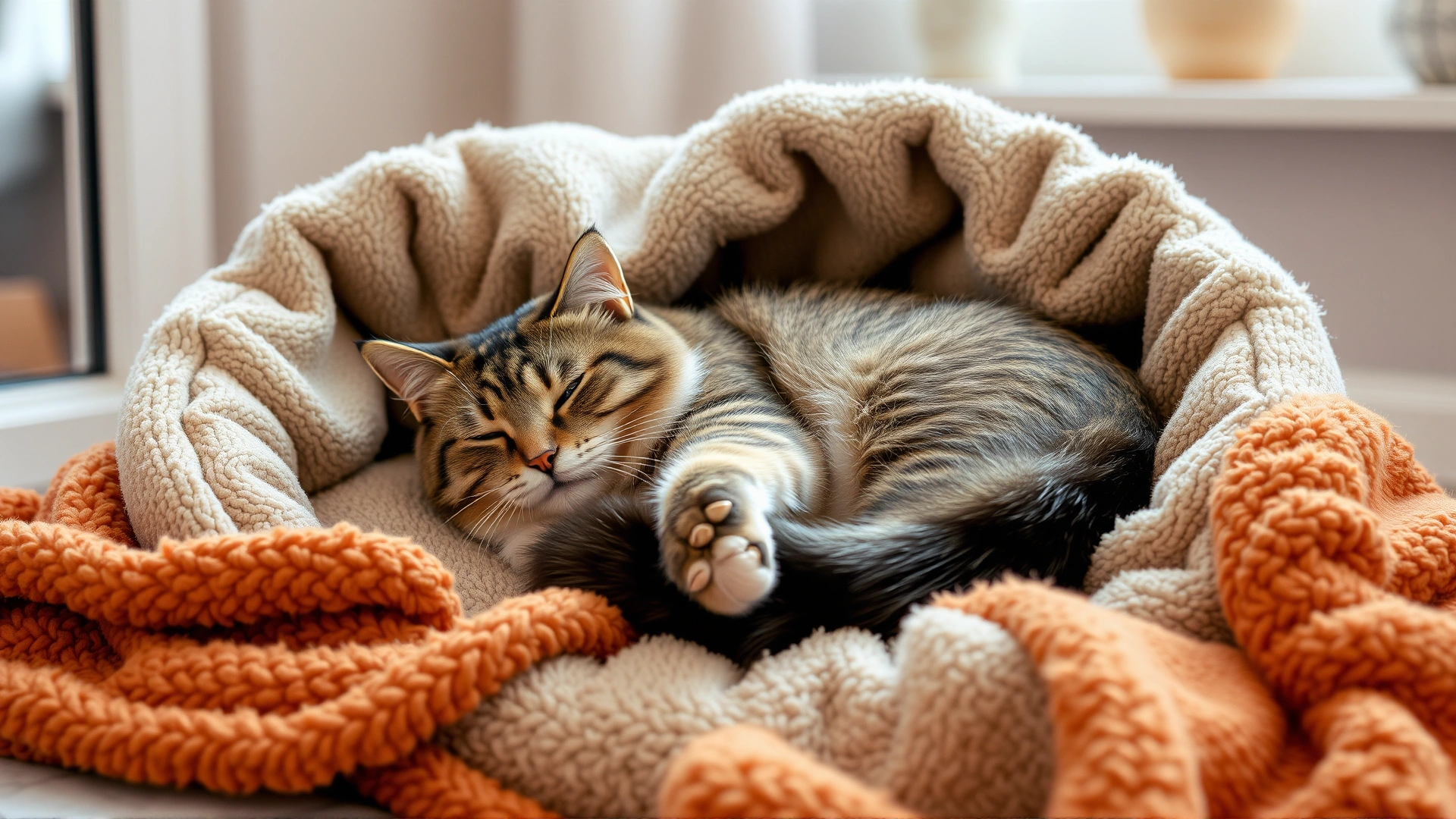 Cozy indoor scene of a senior cat resting on an orthopedic pet bed with plush blankets, soft warm colors