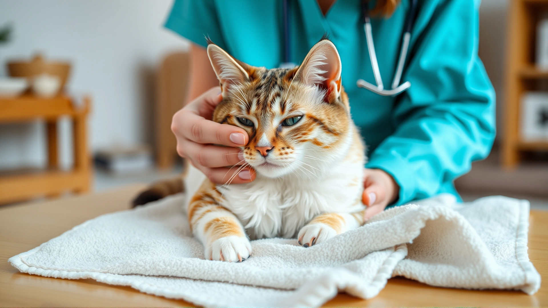 Cozy scene of a caregiver gently expressing a cat’s bladder on a soft towel at home, demonstrating daily care.