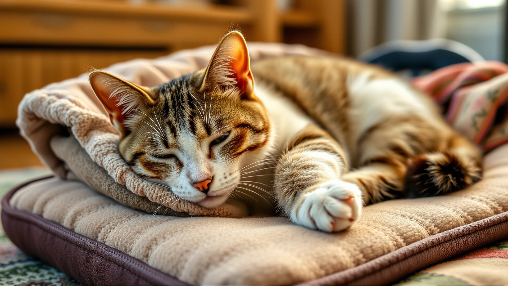 Cat resting comfortably on an orthopedic pet bed with soft blankets in a warm home environment