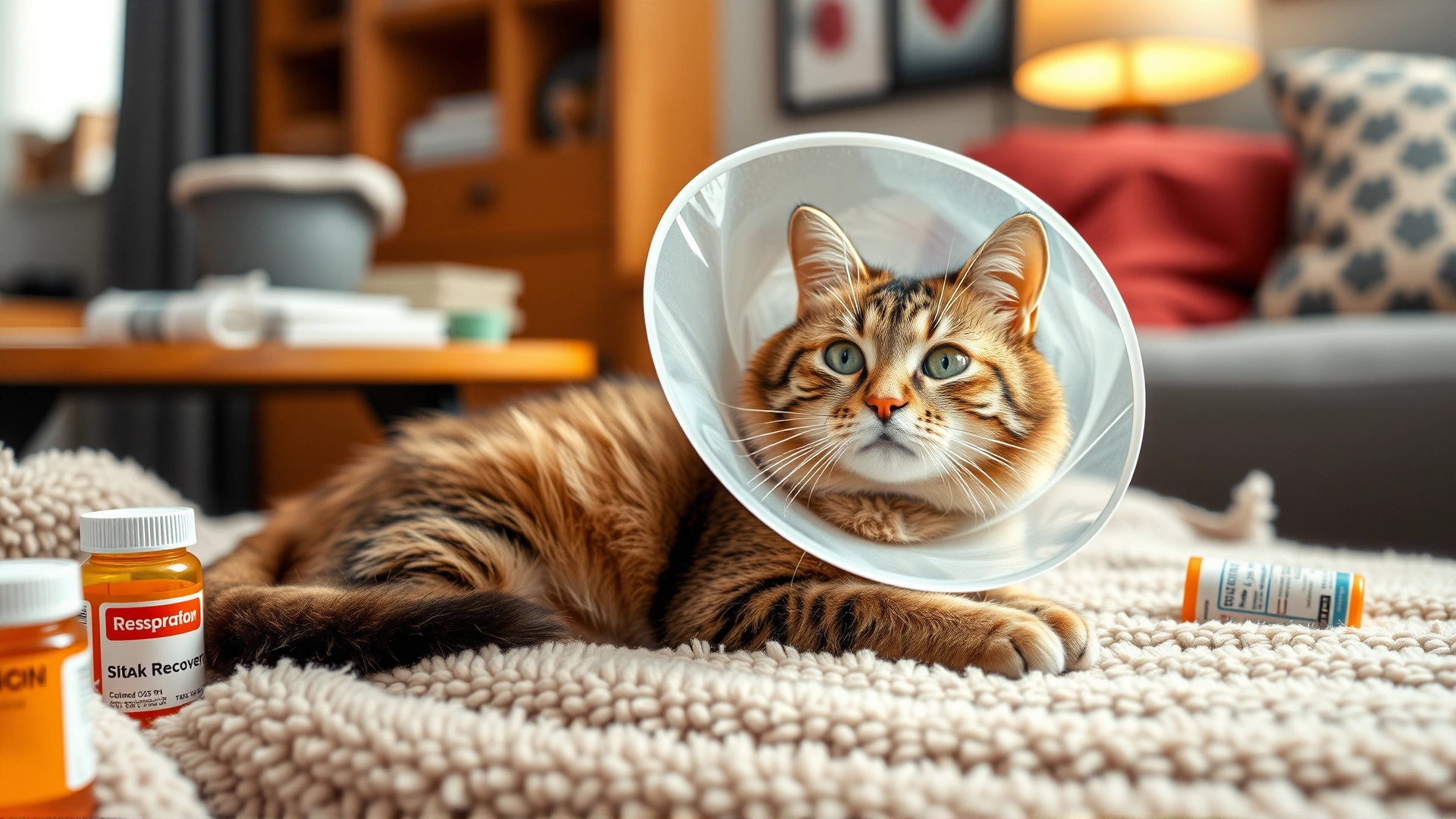 Warm indoor scene of a cat wearing a soft recovery cone resting on a plush blanket next to prescription bottles, cozy home background