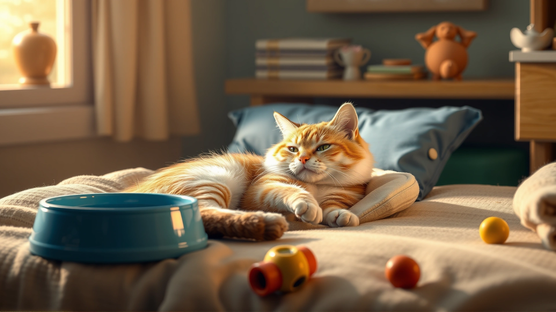 Cozy indoor scene showing a sick cat resting in a soft bed with a water bowl and toys nearby, warm lighting