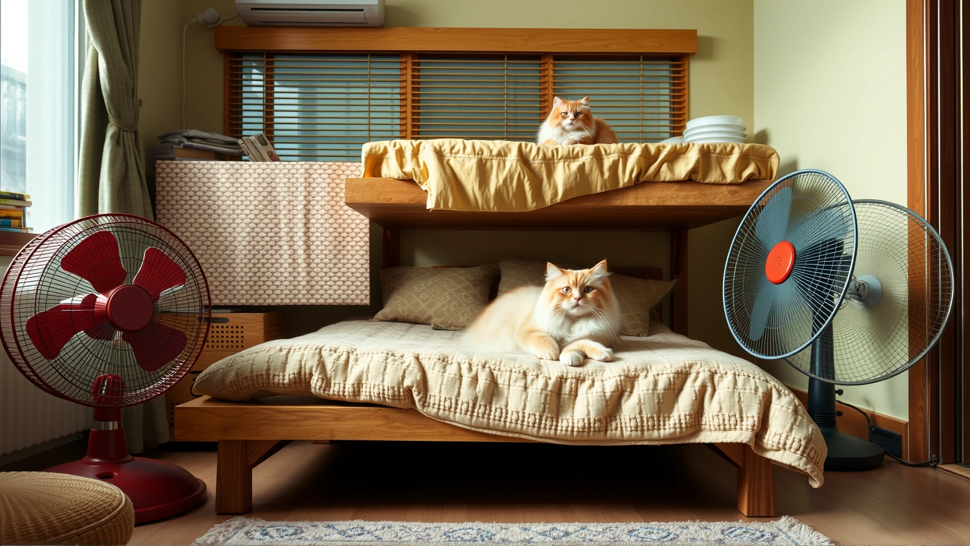 Owner creating a cool, well-ventilated space for a Persian cat at home with fans and elevated bed, warm homely atmosphere.