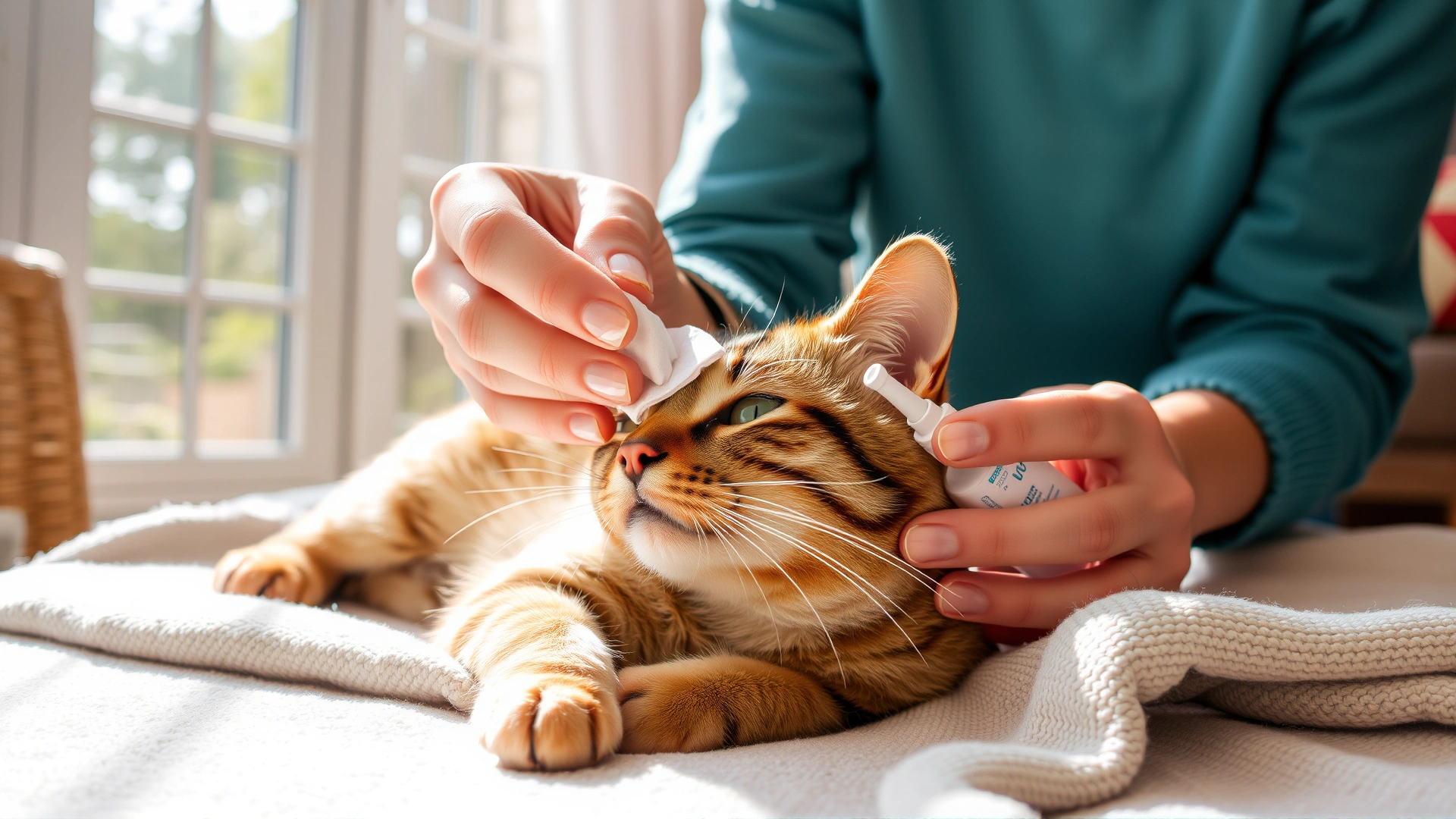 Cat resting comfortably on a soft blanket in a sunlit living room while its owner gently wipes its nose with a cotton pad and saline solution.