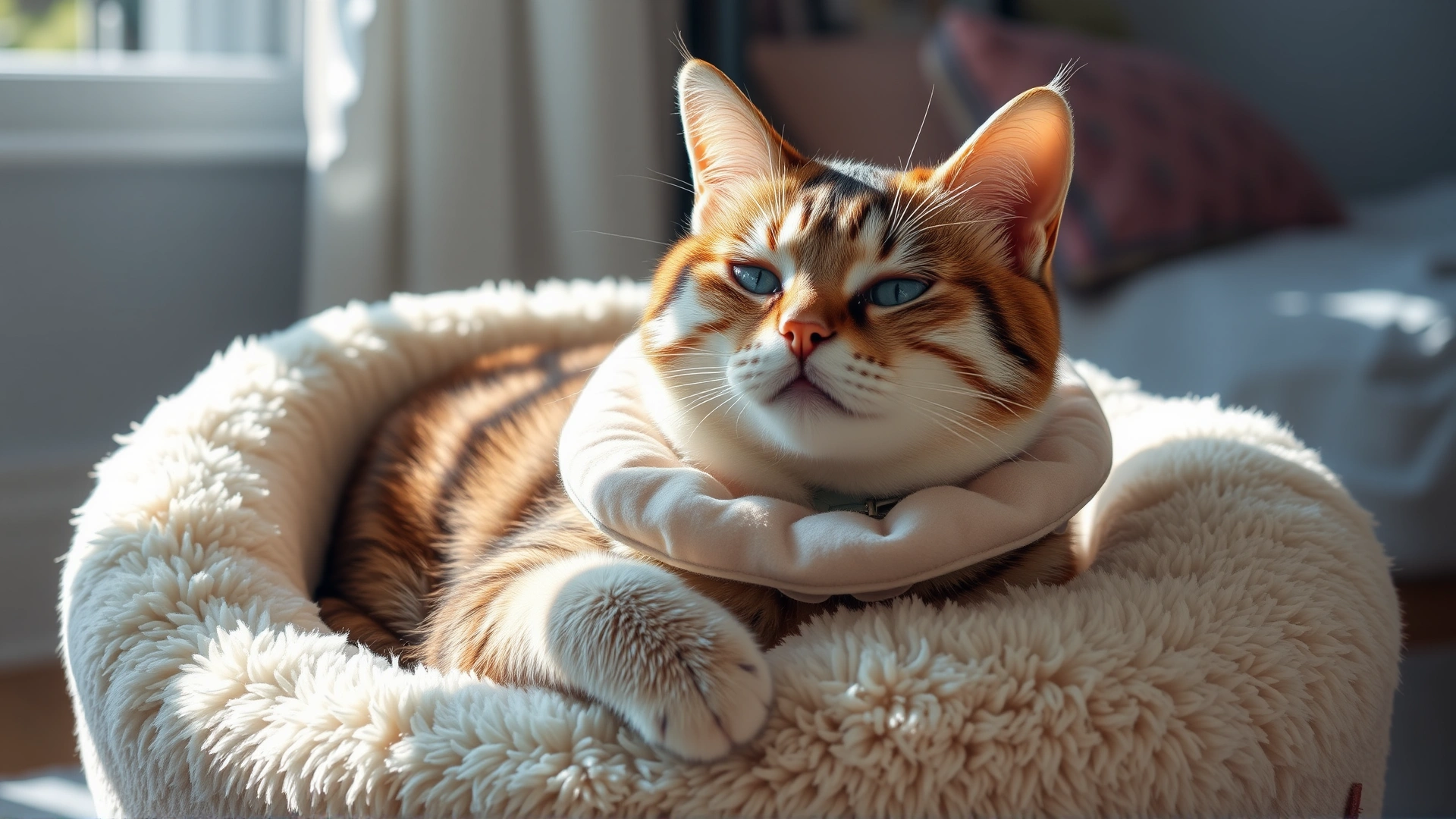 Domestic scene with a cat resting comfortably in a plush bed, wearing a soft recovery collar, sunlit room, feeling safe; no text