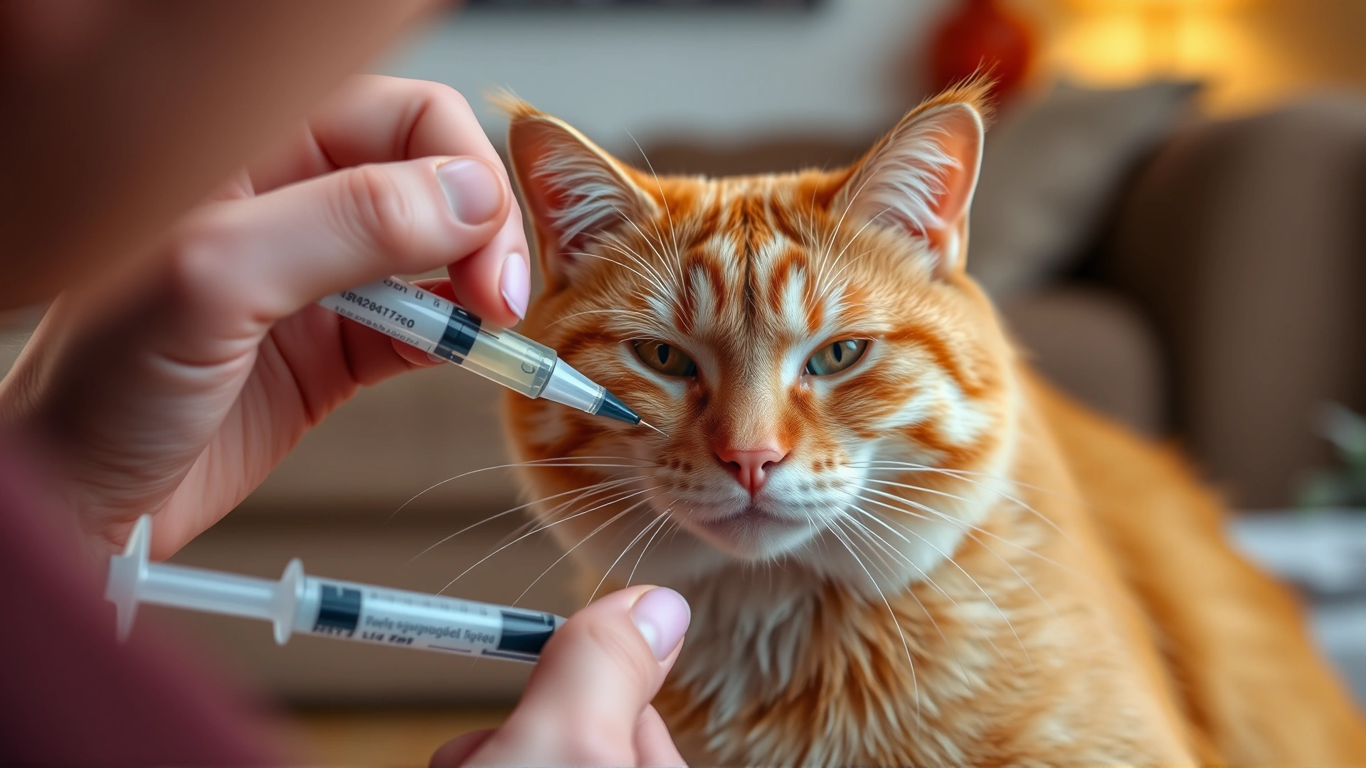 Cat owner gently giving an oral syringe of medicine to a calm orange tabby cat in a cozy living room setting.
