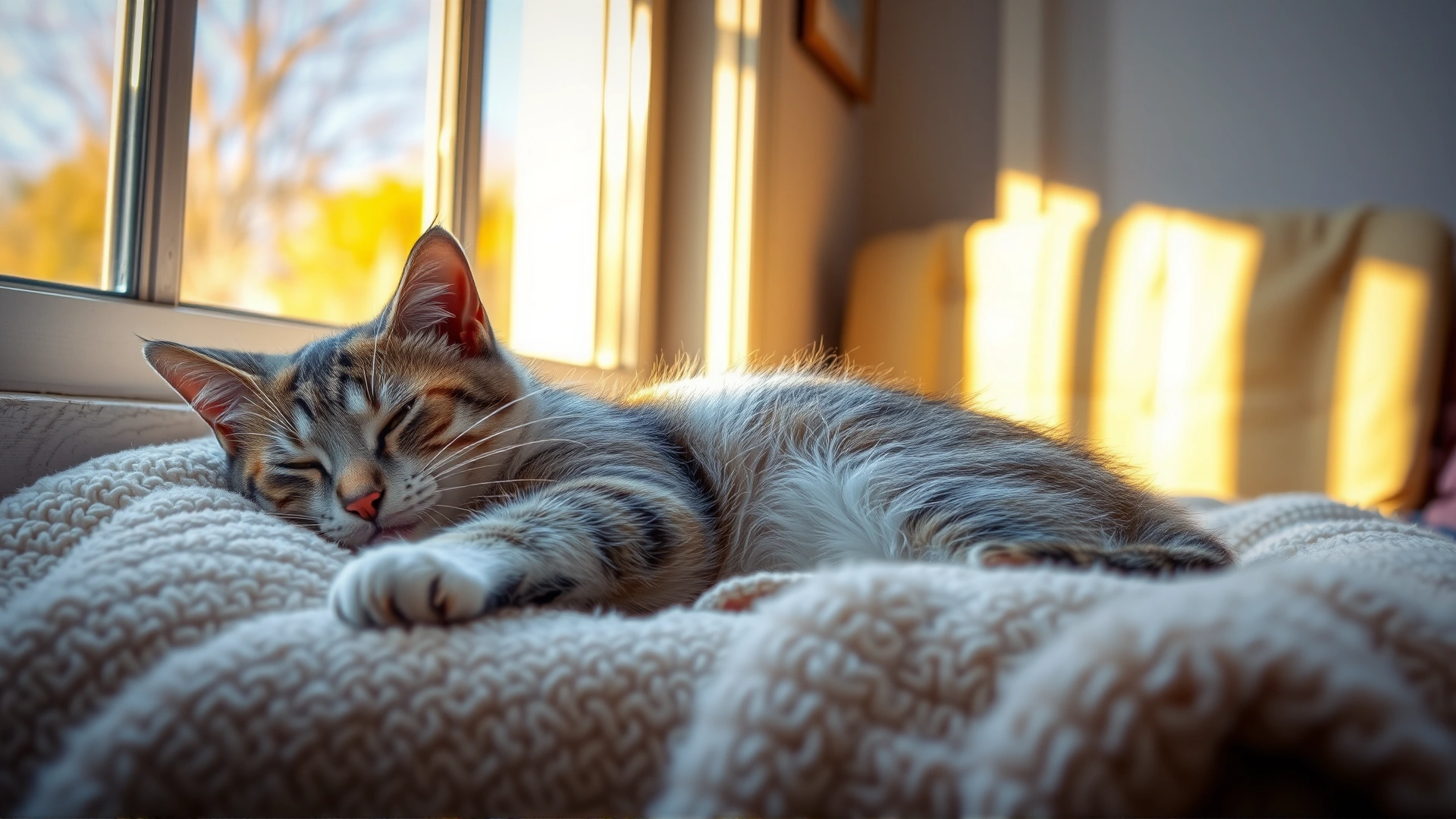 Cozy indoor scene of a cat resting comfortably on a soft blanket near a window with warm sunlight, conveying at-home recovery atmosphere.