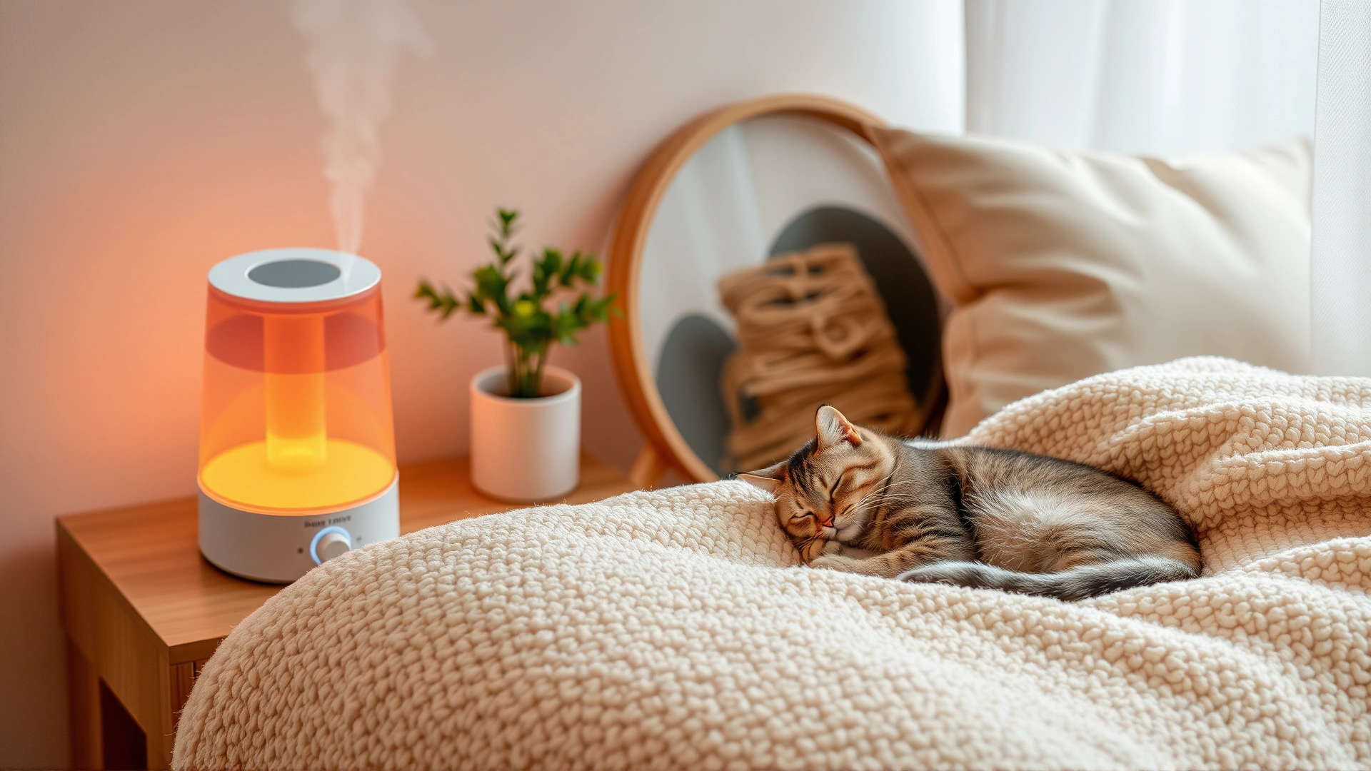 Cozy living room scene with a humidifier running near a cat sleeping comfortably on a plush bed