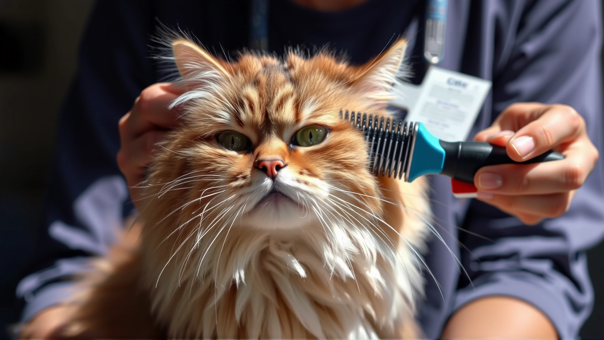 Cat owner brushing a long-haired cat with a grooming brush, demonstrating preventive care; bright natural light.
