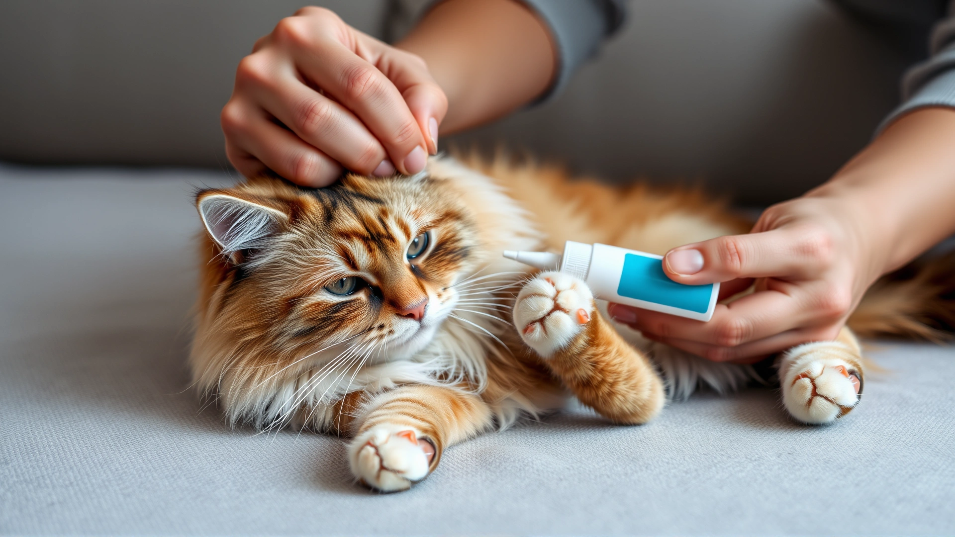 Cat owner applying a small amount of topical ointment on a Persian cat's paw while the cat lies comfortably on a couch