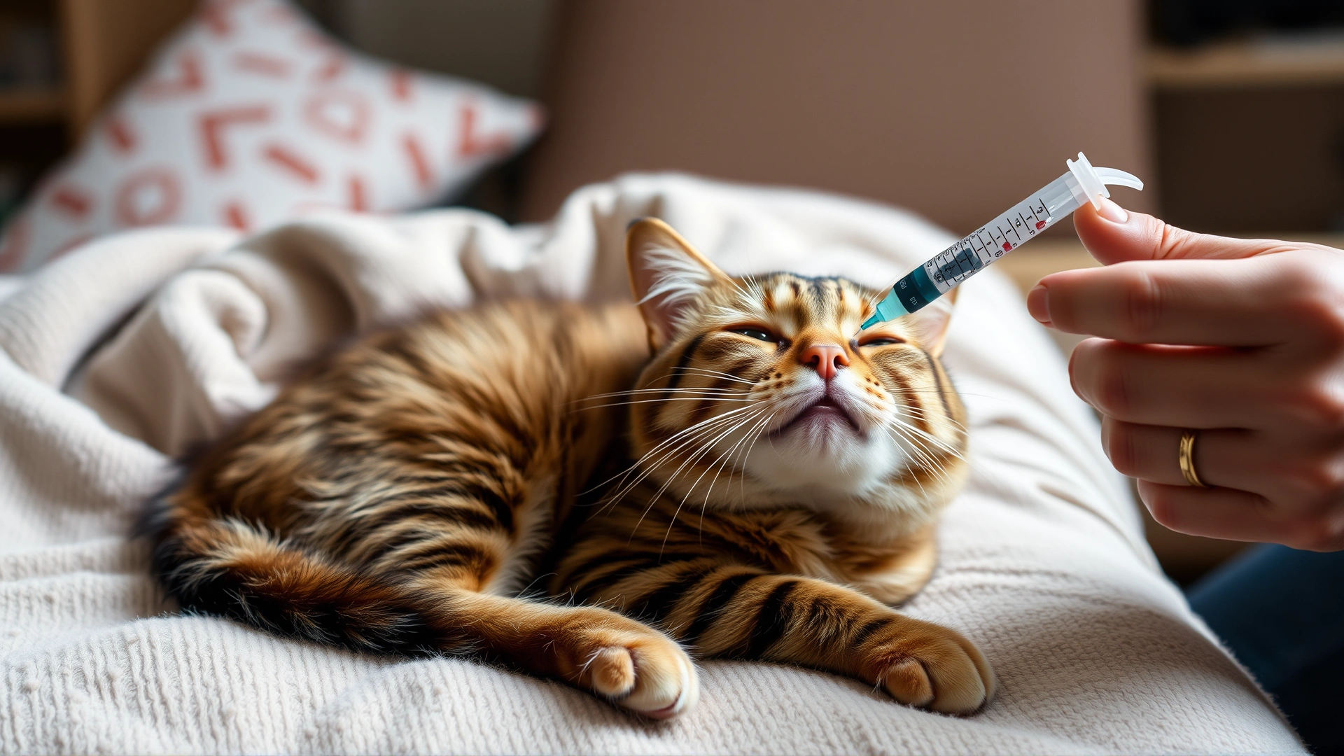 Cozy living-room scene of a recovered cat relaxing on a soft blanket while its owner gently administers oral medication with a syringe.