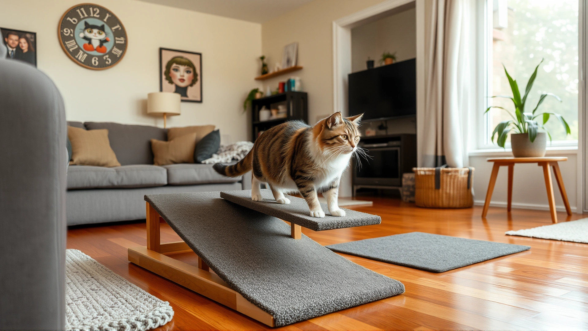 Domestic living room with ramps and non-slip mats installed for a cat with mobility issues, the cat walking comfortably on the ramp