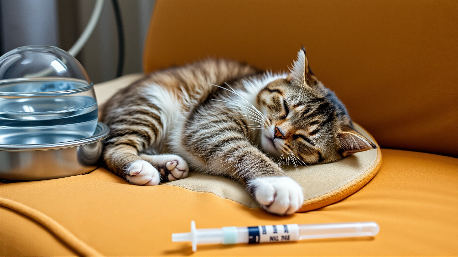 Cat resting comfortably at home on a cushioned bed with a water bowl and medication syringes nearby, indicating post-hospital care.