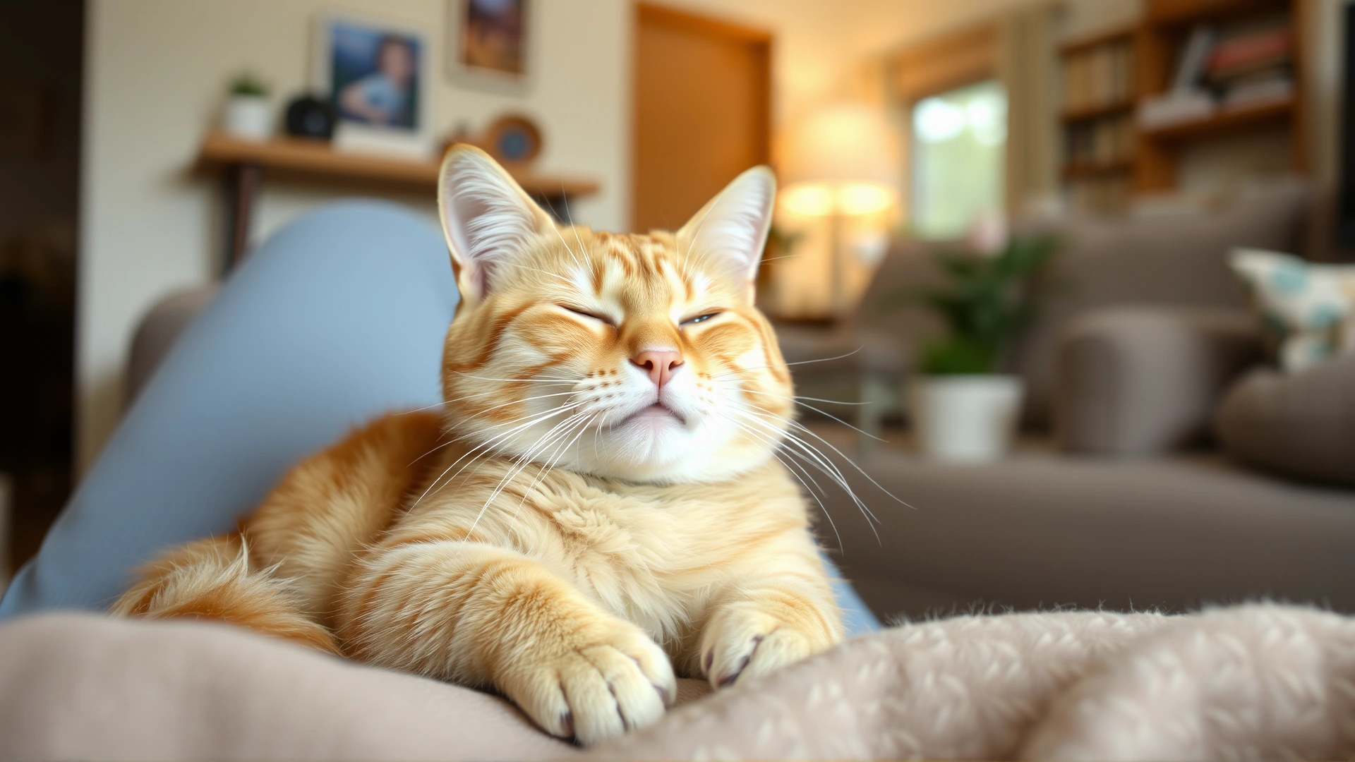 Calm ginger cat resting comfortably on its owner's lap in a cozy living room, looking relaxed and breathing normally.