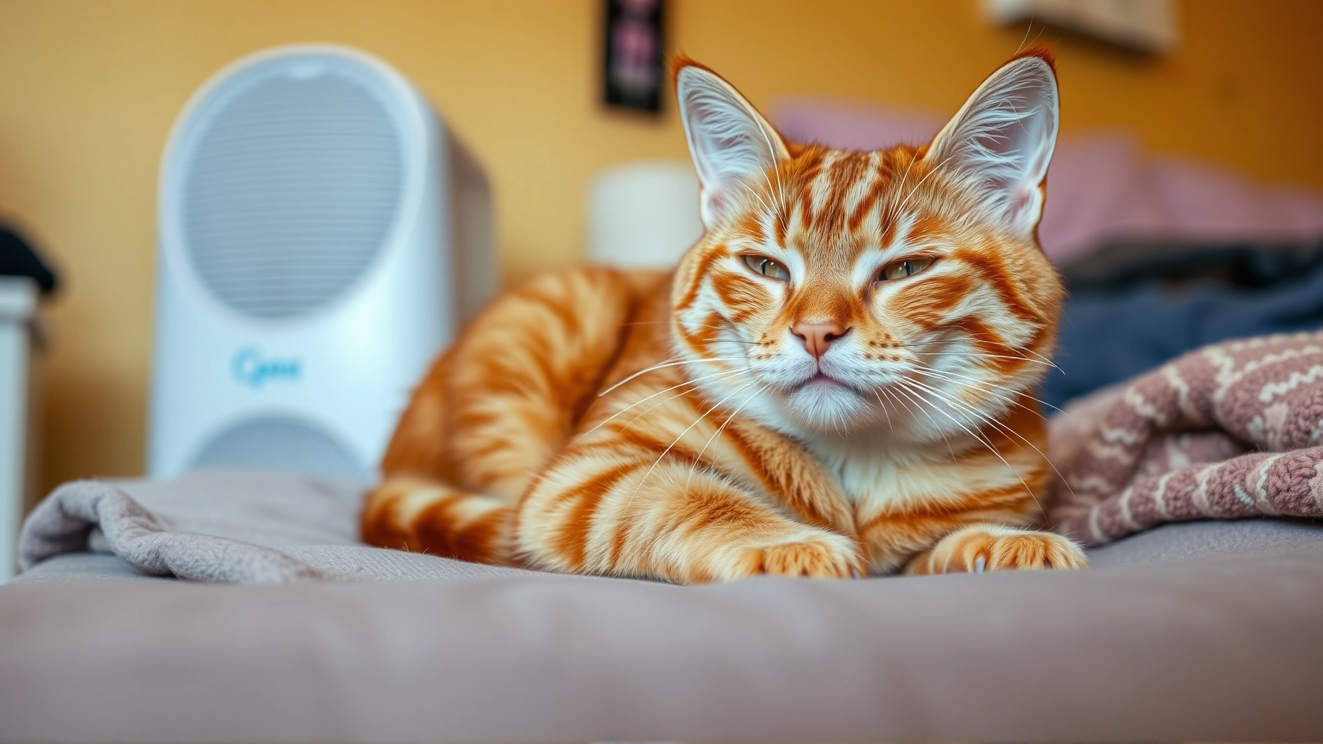 Indoor scene of a relaxed orange tabby cat resting comfortably on a cozy blanket with air purifier visible in background