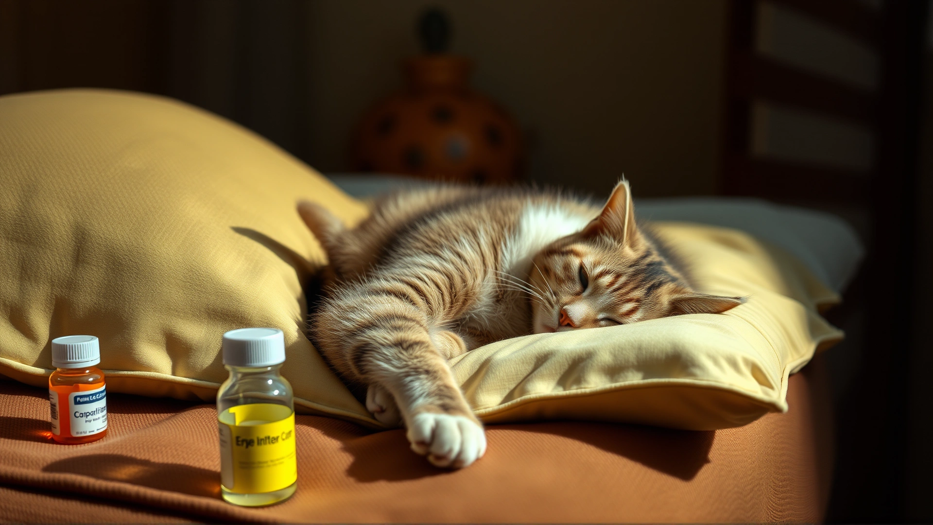 Warm photo of a domestic cat resting on a pillow at home with small medication bottles nearby, cozy lighting