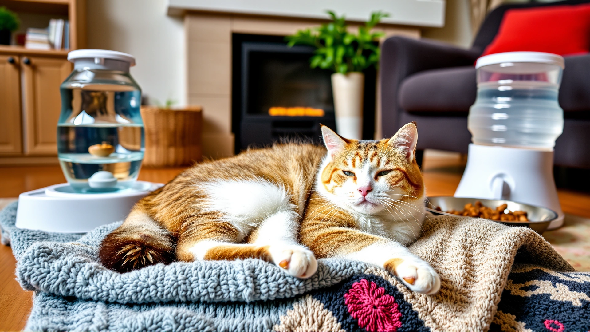 Domestic cat resting comfortably on a plush blanket near a pet water fountain and food bowl in a cozy living room