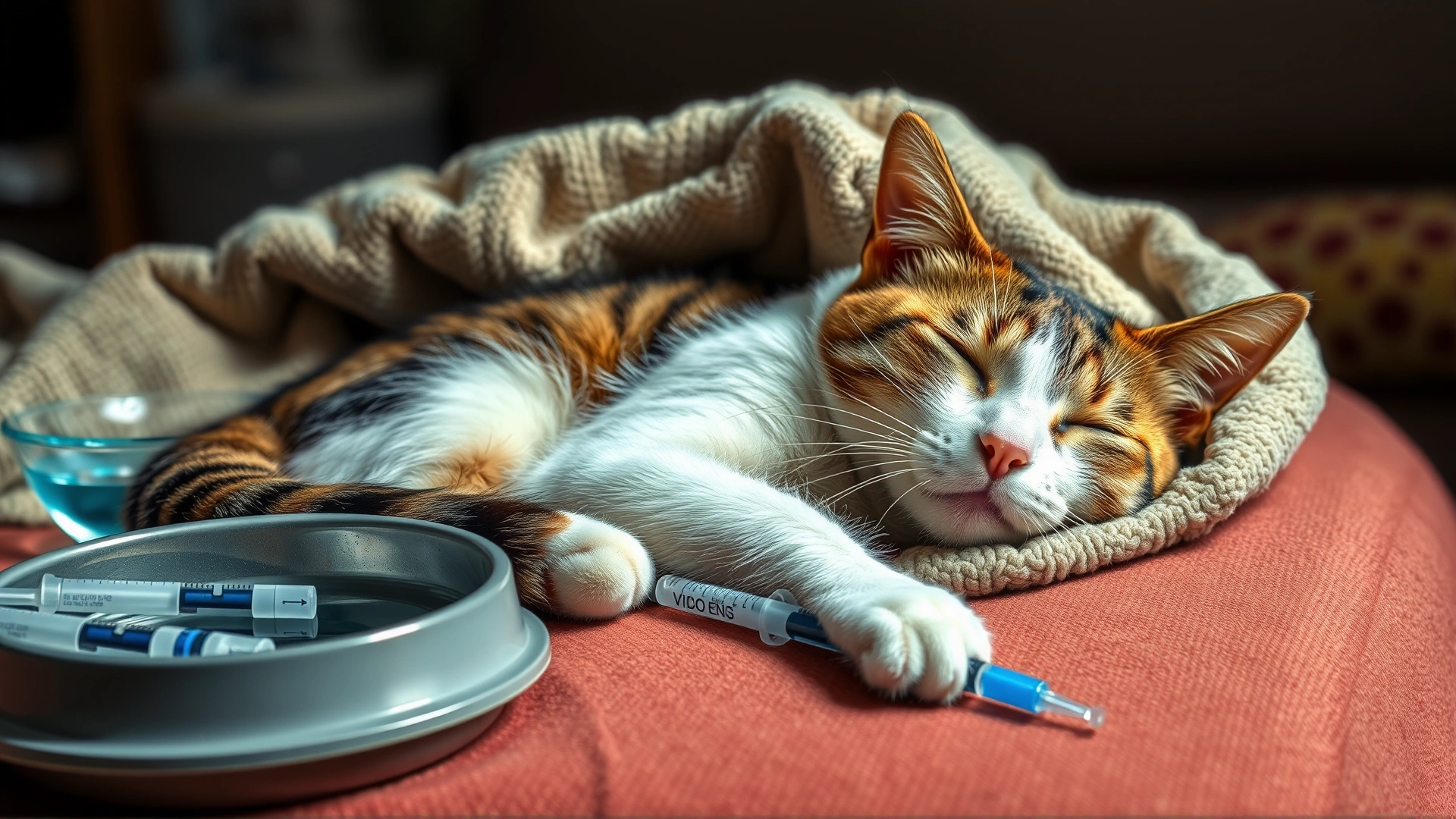Cozy home environment where a recovering cat rests on a soft blanket, with a water bowl and medication syringes neatly arranged nearby.
