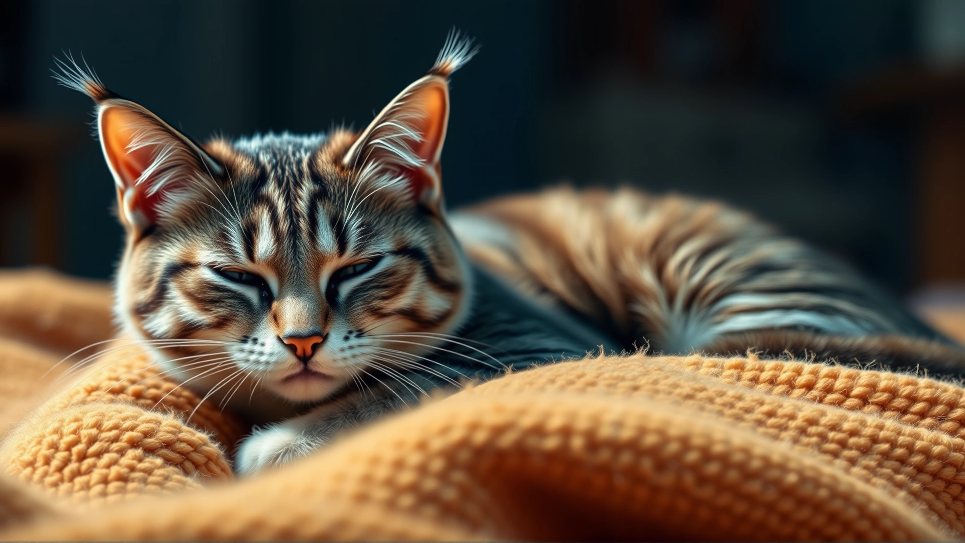 Content cat resting on a cozy blanket at home with a calm expression
