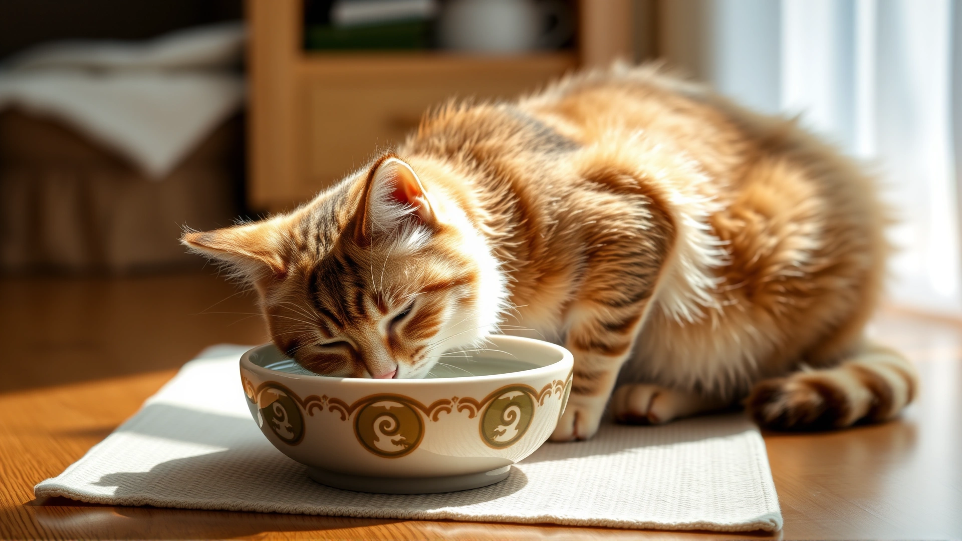 Cozy home scene where a relaxed cat drinks water from a ceramic bowl placed on a clean mat, natural light, no text.