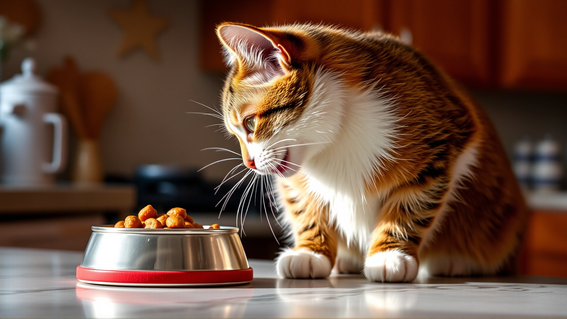 Cat eating soft canned food from an elevated bowl on a kitchen counter, warm home lighting