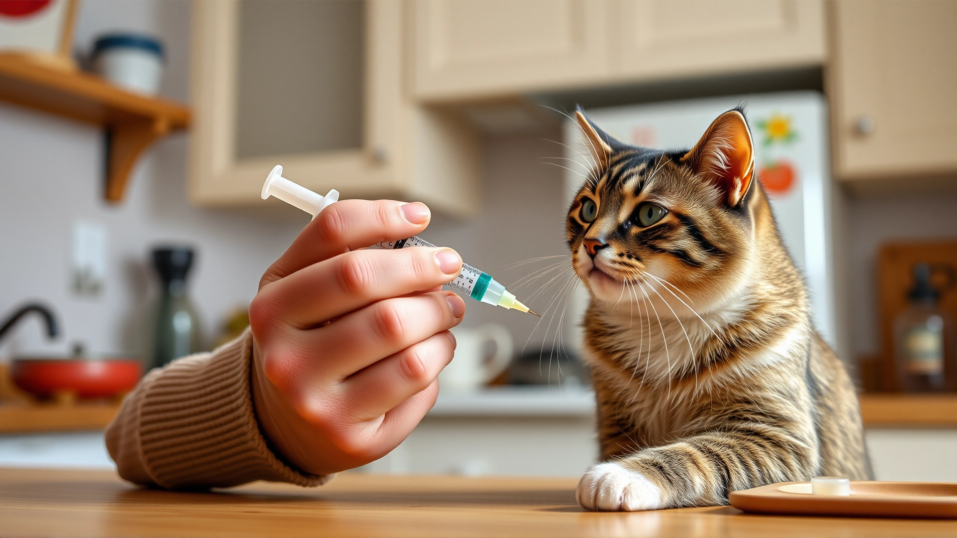 Cozy kitchen scene where an owner carefully gives liquid medicine to a cooperative cat using a syringe, bright and reassuring lighting.