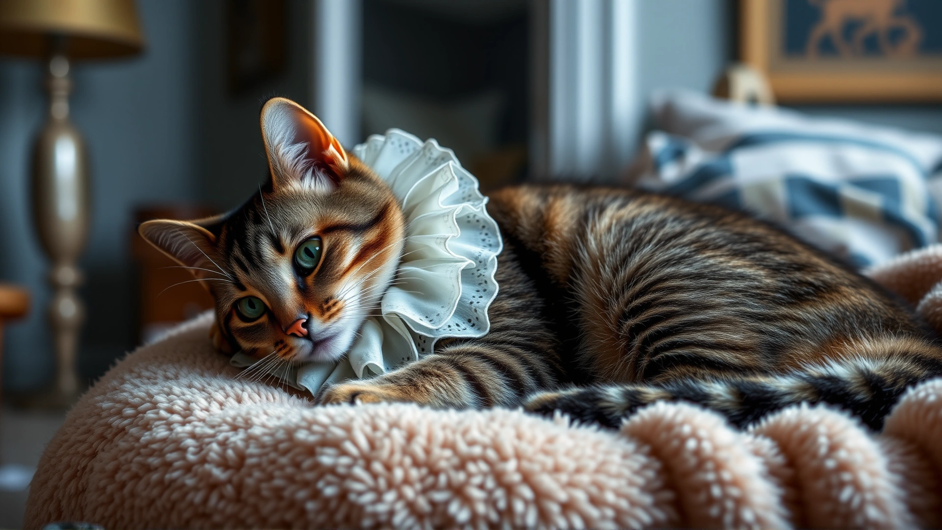 Cat wearing an Elizabethan collar resting comfortably on a plush blanket in a calm home setting