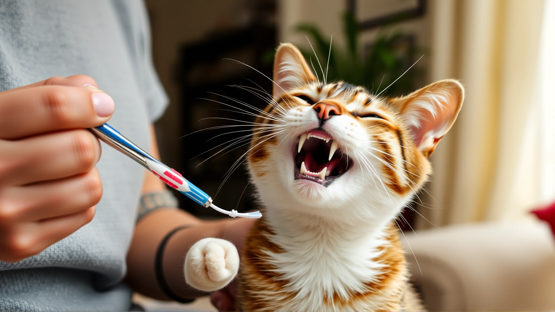 Cat owner brushing a cooperative cat’s teeth at home with a small pet toothbrush, cozy indoor environment, natural light.