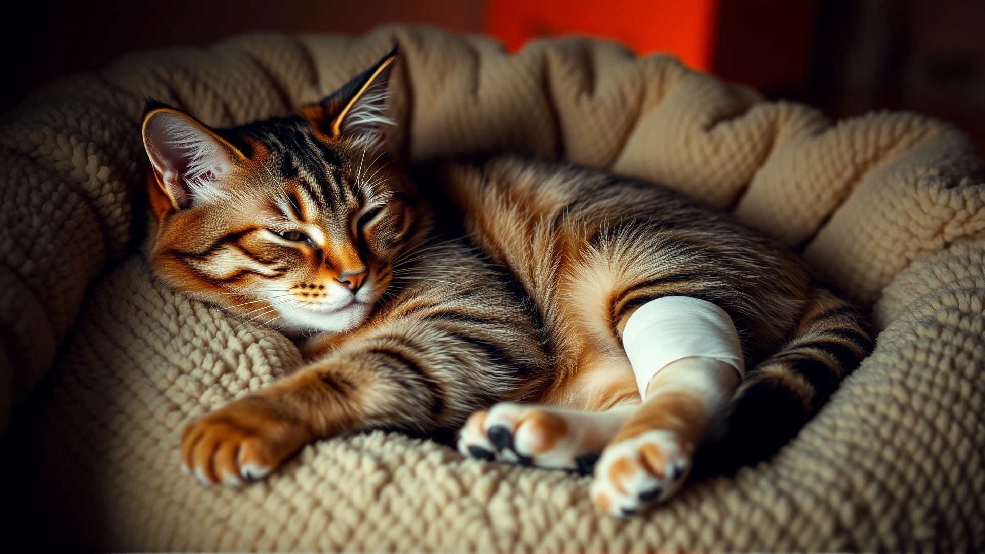 Domestic short-haired cat resting comfortably in a plush bed with a light bandage wrapped around its hind leg, warm ambient lighting