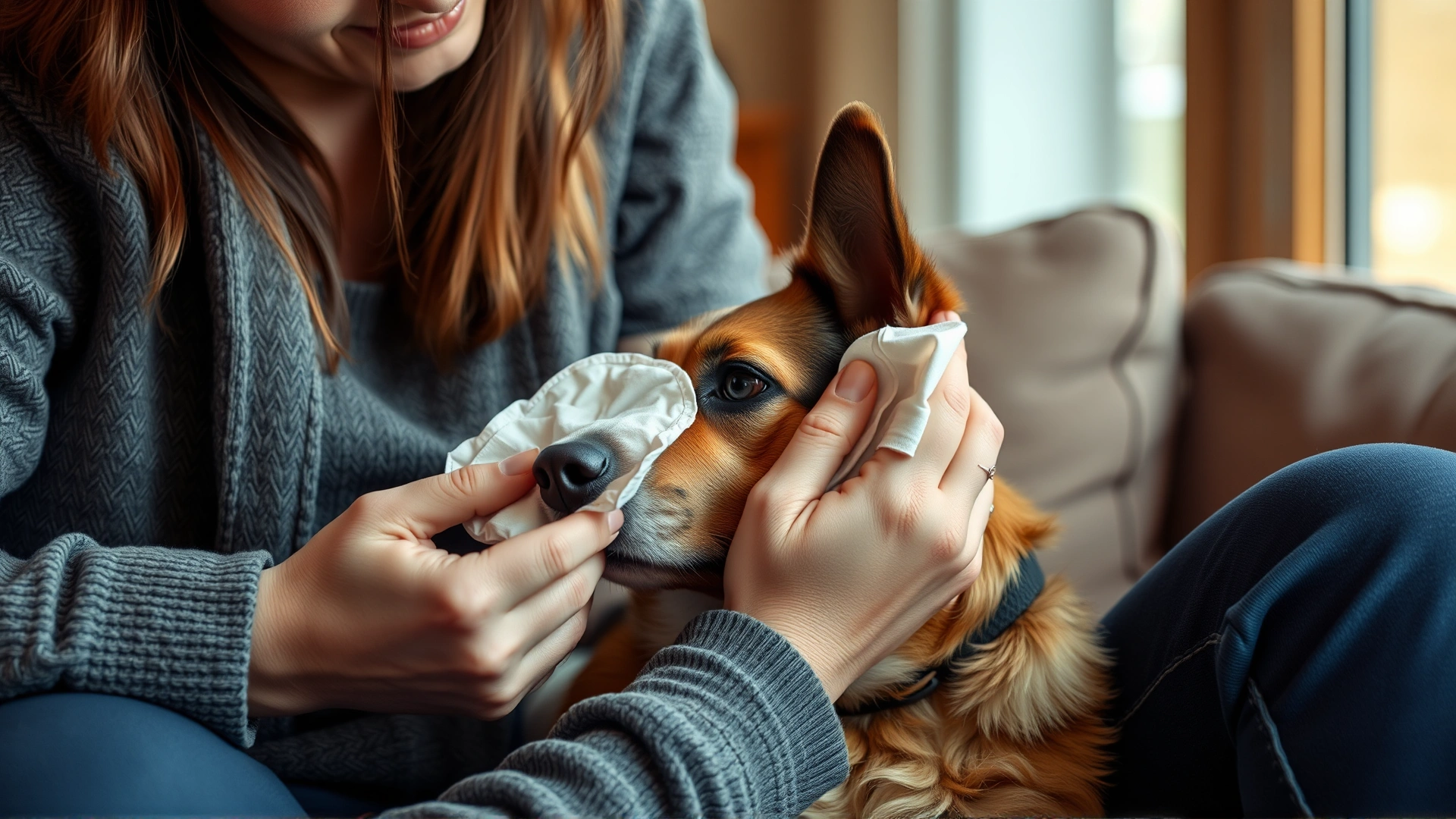 Cozy indoor scene of a dog owner gently cleaning their dog’s eye with a sterile pad on a couch.