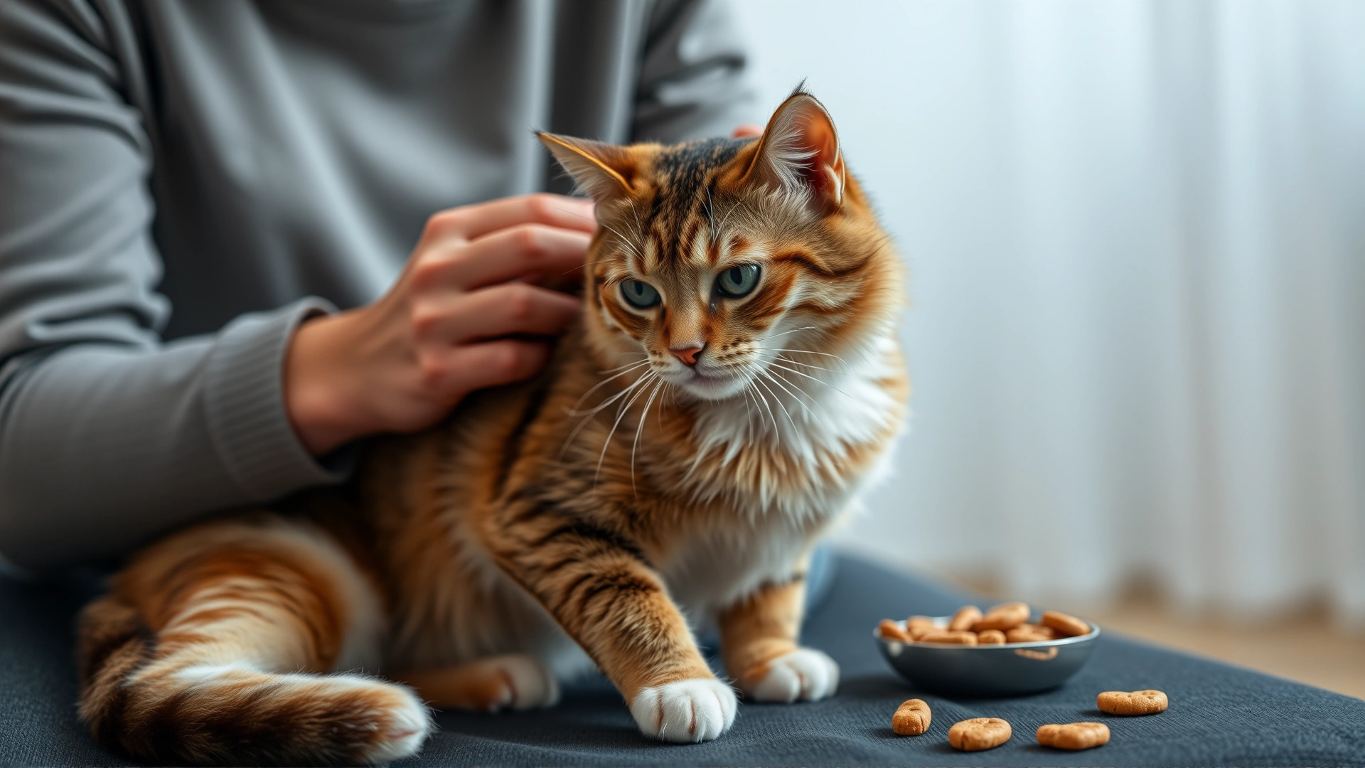 Cat owner providing gentle physiotherapy massage to cat’s hind leg at home with treats nearby.