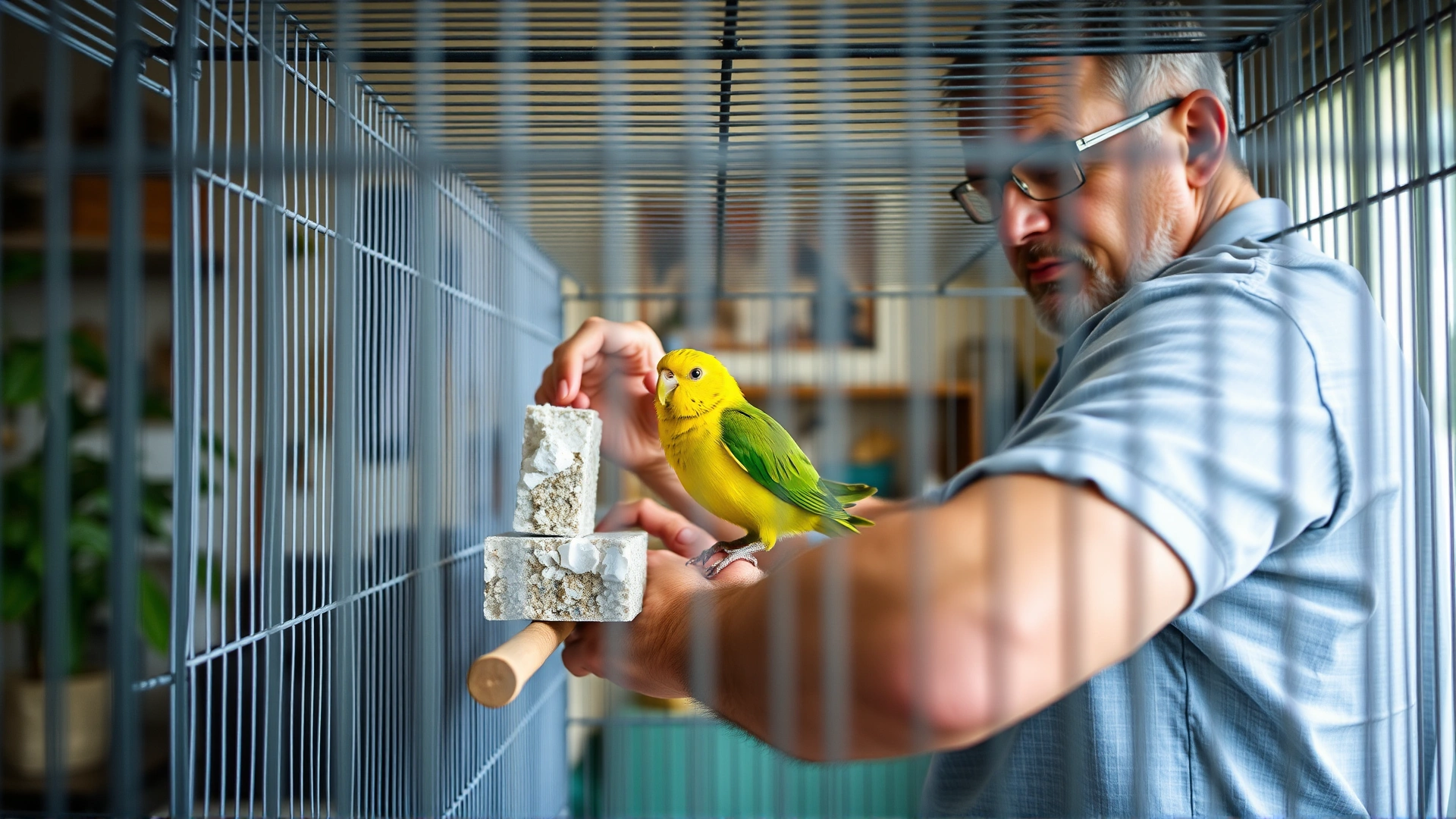 Bird owner placing a mineral block and fresh leafy greens inside a spacious birdcage in a cozy home environment