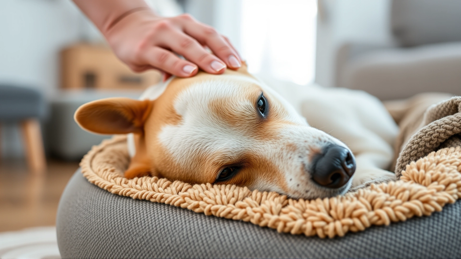 Happy dog resting comfortably on a cozy dog bed at home with owner’s hand gently petting it, portrays post-treatment home care