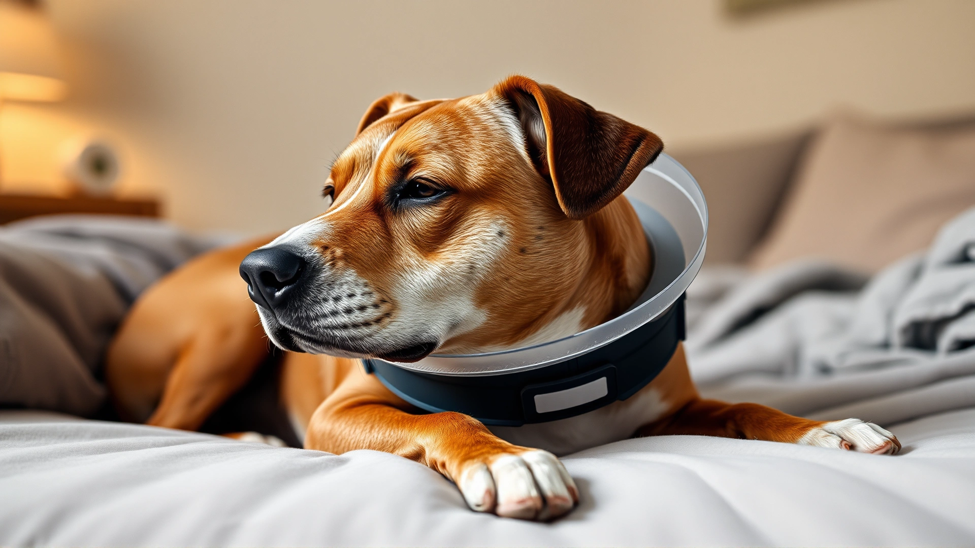 Dog wearing a protective e-collar resting comfortably on a soft bed at home, stitches visible on shaved patch, warm ambient light