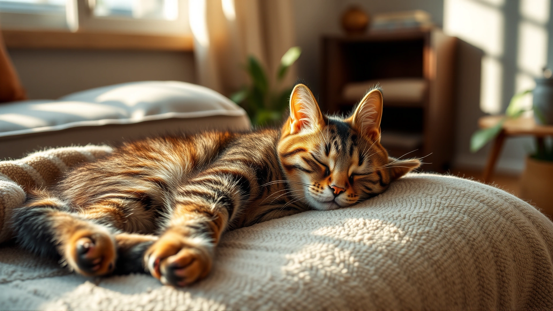 Relaxed tabby cat sleeping on a soft fleece blanket in a cozy living room corner, soft afternoon light