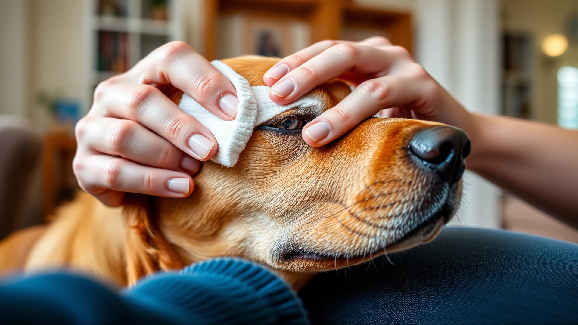 Dog owner wiping their dog's eye area with a soft cotton pad at home, close-up shot, warm indoor lighting.