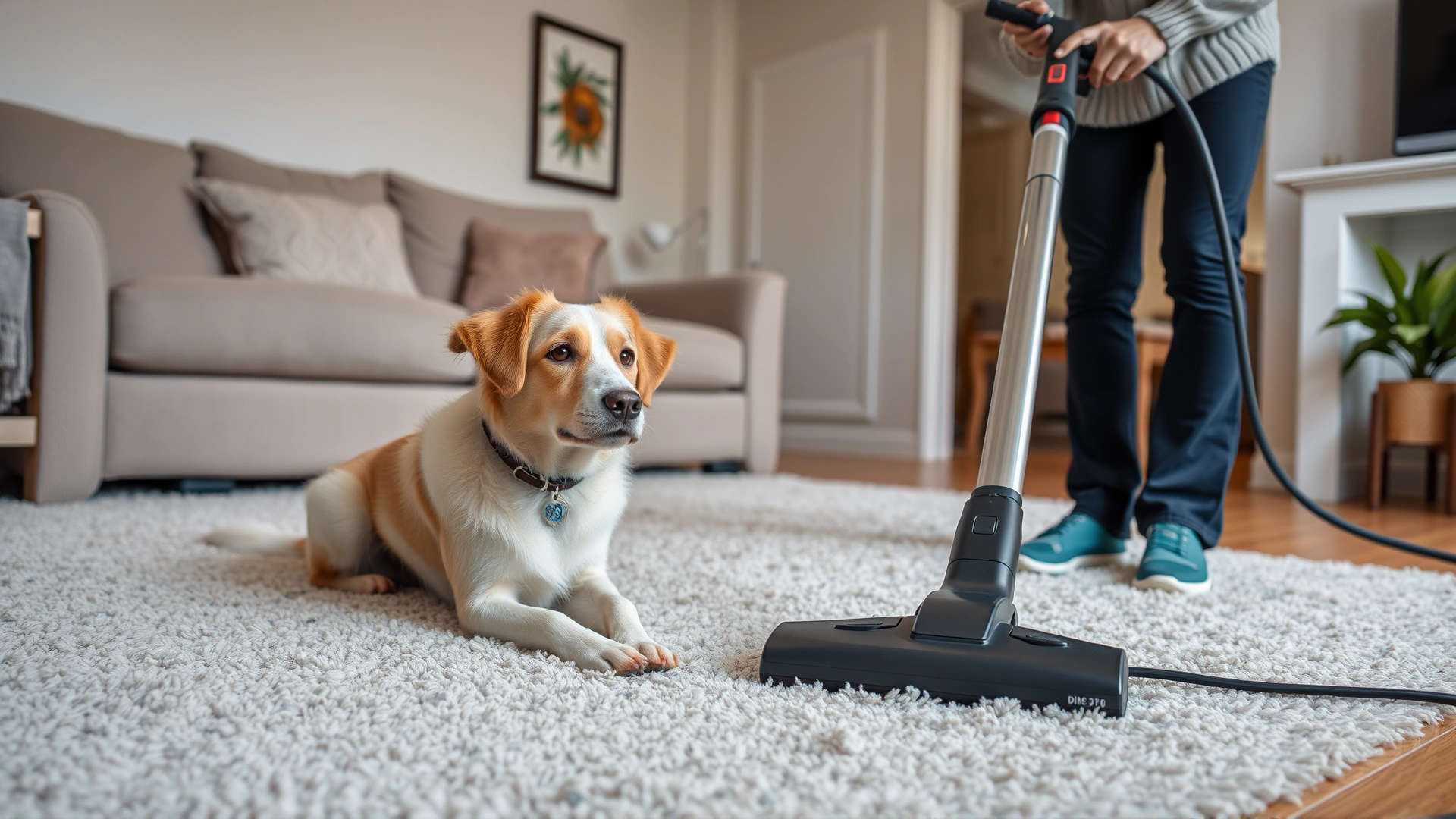 Dog owner vacuuming living room carpet while the dog watches, emphasizing environmental flea control