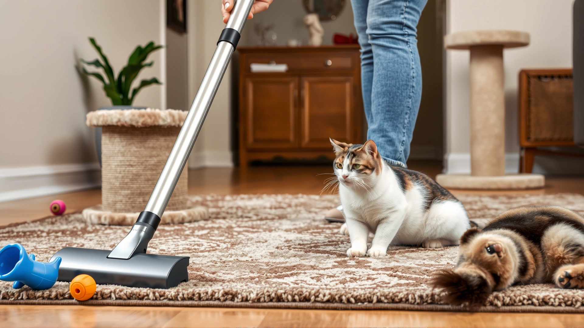 Person vacuuming a rug near a scratching post and scattered cat toys, emphasizing cleanliness in a pet-friendly home