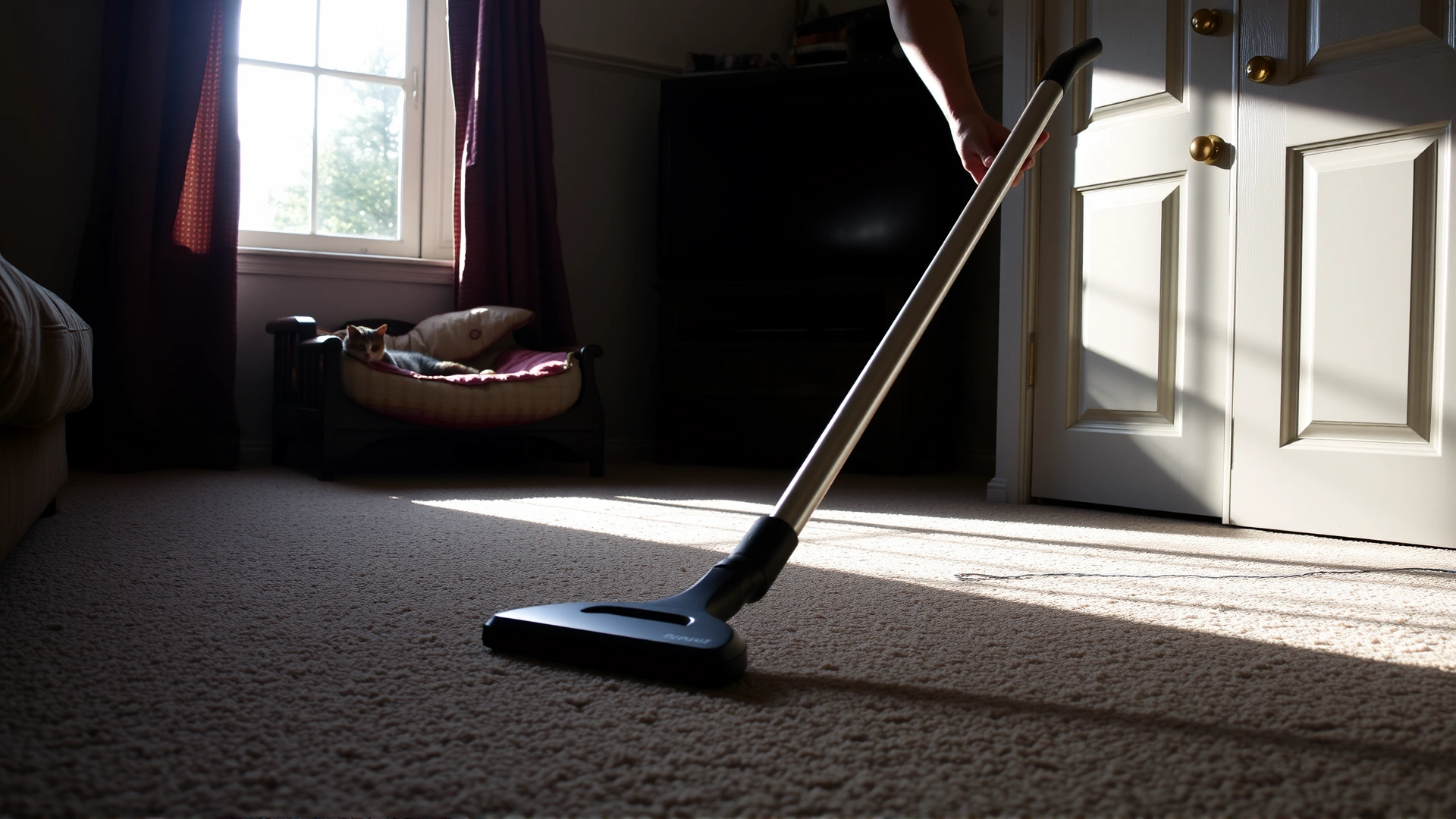 Person vacuuming a living room carpet with sunlight streaming through the window, cat bed visible in background, no text.