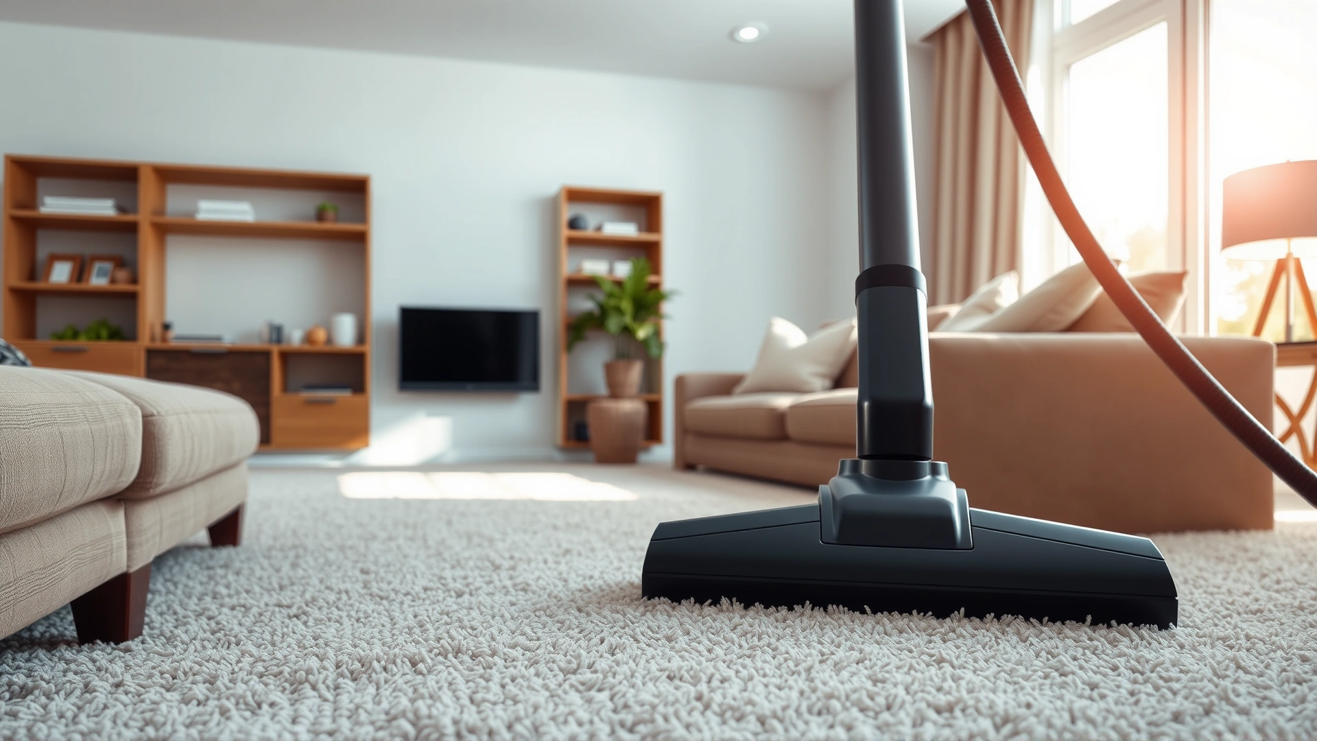 Bright interior scene of a living room being vacuumed, focusing on vacuum head cleaning carpet.