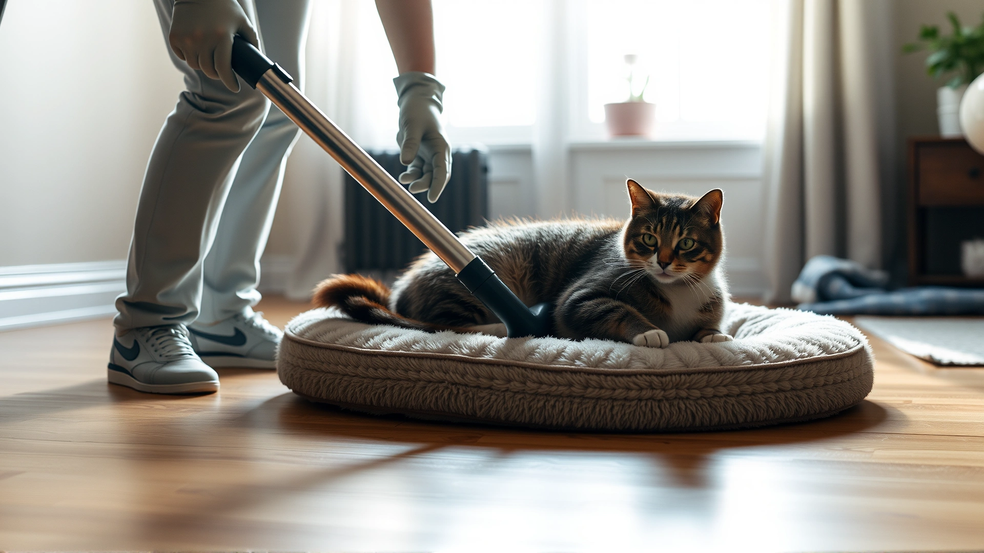 Person wearing rubber gloves vacuuming a cat bed and surrounding floor, sunlight pouring through window, tidy home environment, high resolution.