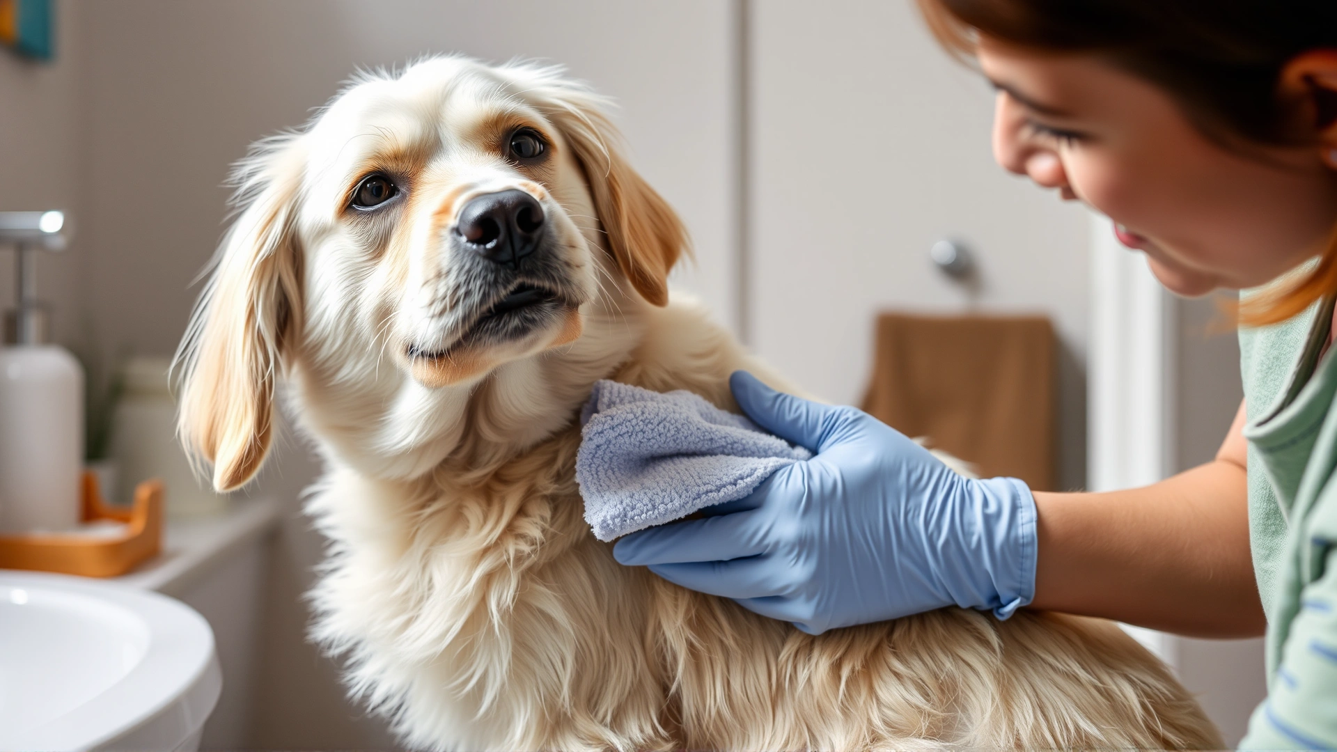 Pet owner gently wiping the dog’s genital area with a soft cloth, home bathroom setting.