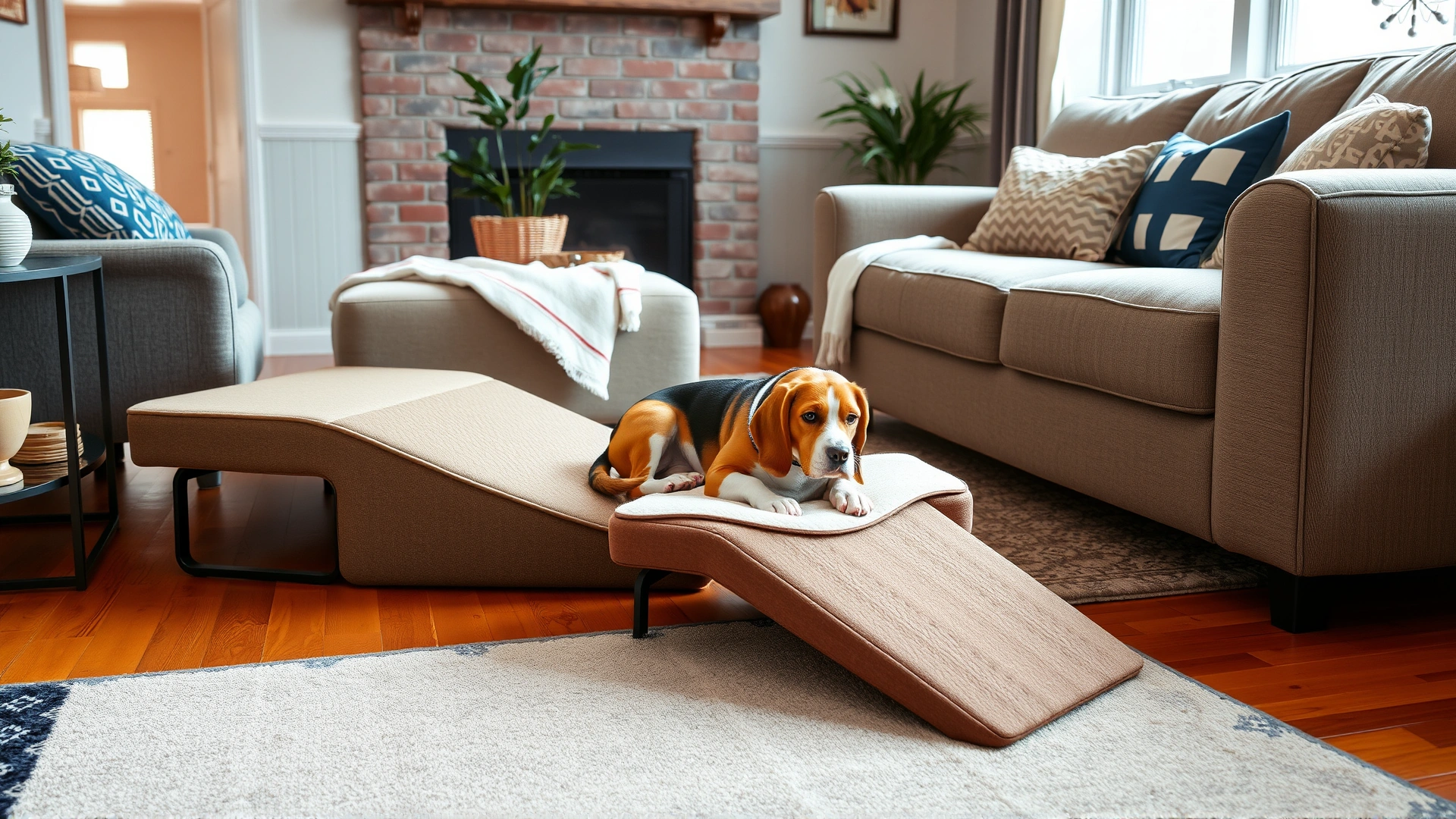 Cozy living room scene with an orthopedic pet bed, a ramp leading to a sofa, and non-slip rugs on hardwood floor, senior beagle resting comfortably