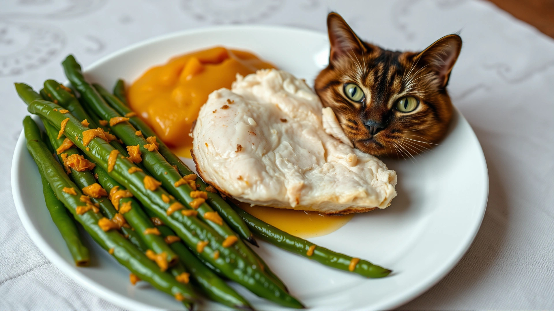 Home-cooked chicken breast, pumpkin puree, and green beans neatly arranged on a white plate intended for a cat
