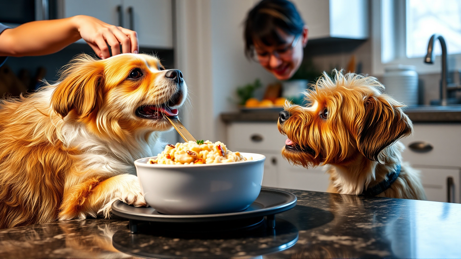 Pet owner cooking homemade turkey and rice for a dog on a kitchen countertop while the dog watches eagerly